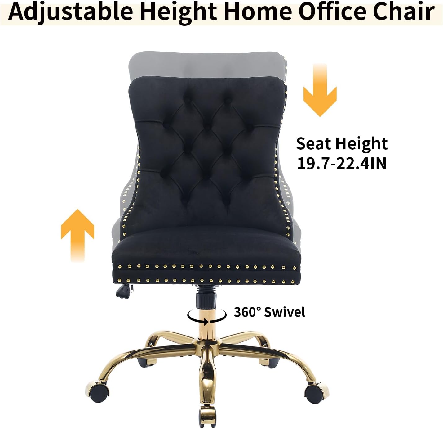 Black Velvet Armless Home Office Desk Chair with Wheels & Gold Base, Modern Comfortable Office Chair Rolling Task Chair, Upholstered Adjustable Computer Chair for Studio, Reception,Black