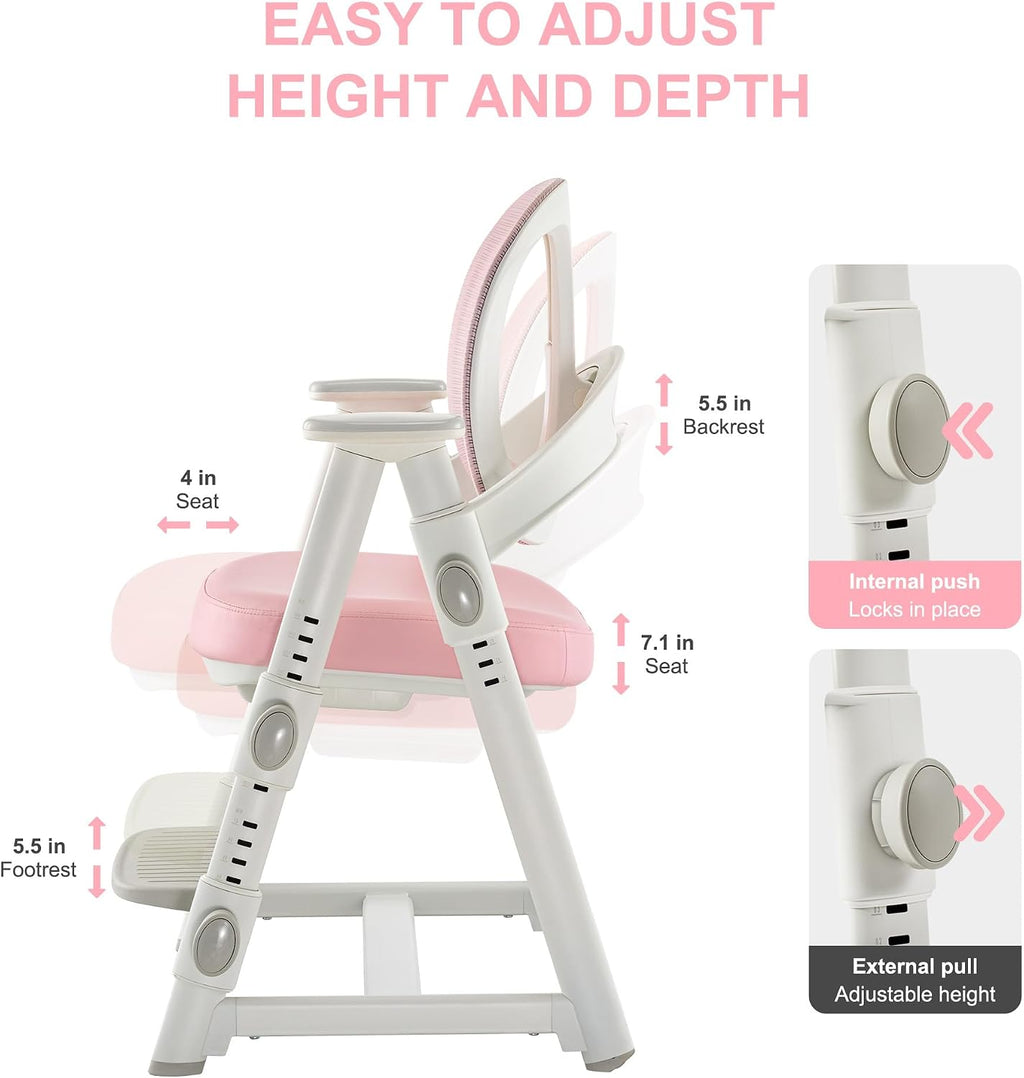 Ergonomic Kids' Study Chair, Height Adjustable Kids Desk Chair for Boys Girls,Comfortable for Teenagers Playing, Drawing, Ideal Gift for Children,Students（Pink）