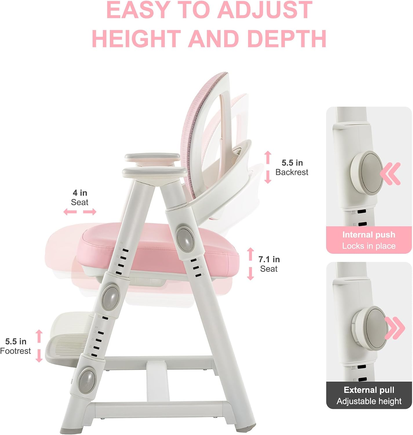Ergonomic Kids' Study Chair, Height Adjustable Kids Desk Chair for Boys Girls,Comfortable for Teenagers Playing, Drawing, Ideal Gift for Children,Students（Pink）