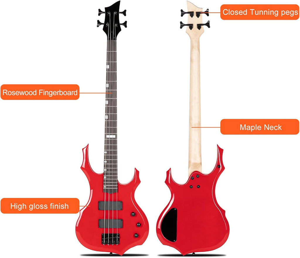Ktaxon Electric Bass Guitar Full Size Flame Design Bass Set with 20 Watt Amplifier, Portable Bass Bag, Superior Amp Wire, Adjustable Guitar Strap, Plectrum, Wrench Tool(Red)