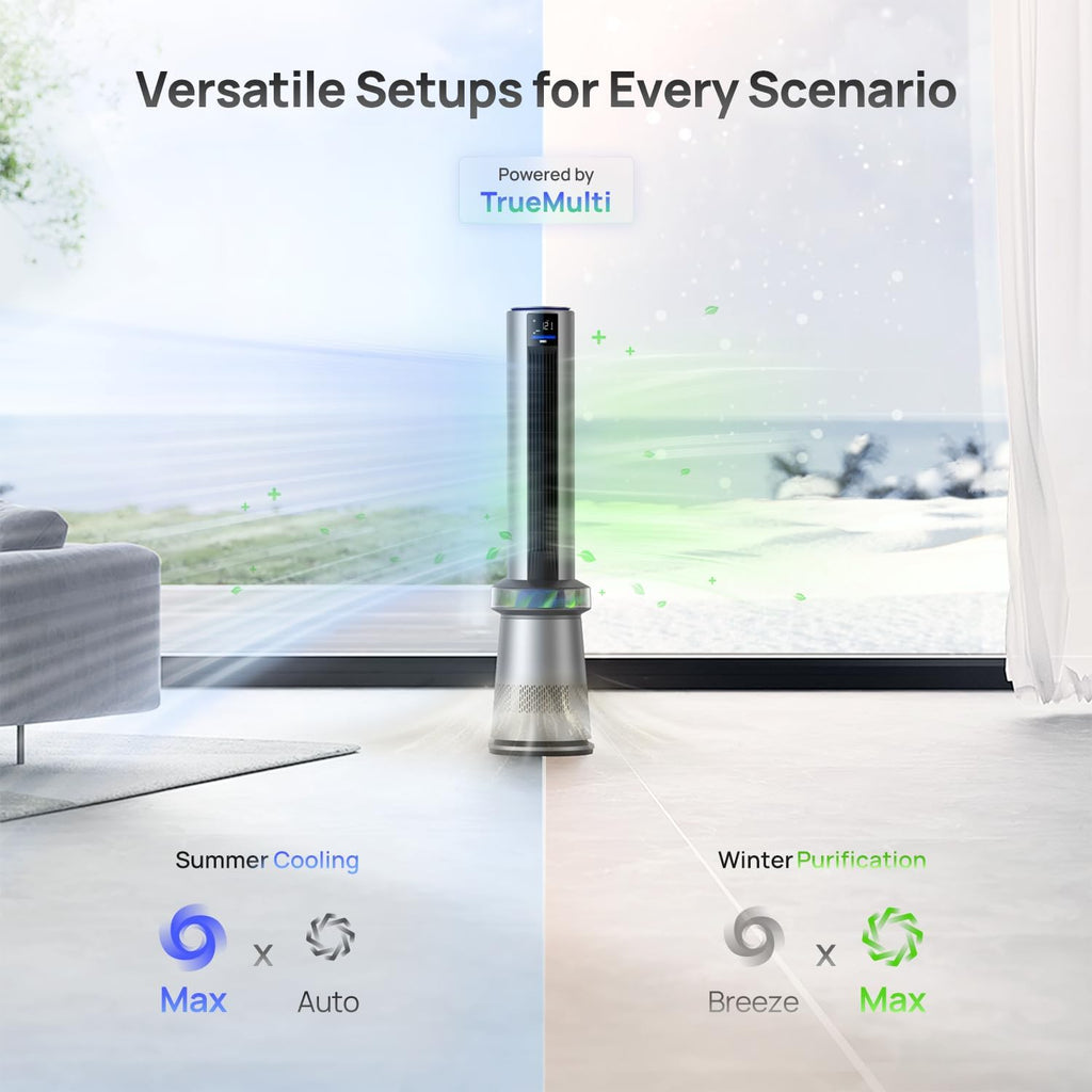 Dreo MC710S Air Purifier Tower Fan, 45' 2-in-1 Smart Fan for Bedroom, 27ft/s Velocity, 120°Oscillation, 24H Timer Bladeless Fans for Home, 25dB Low Noise, Standing Fan Works with Alexa, Silver Blue