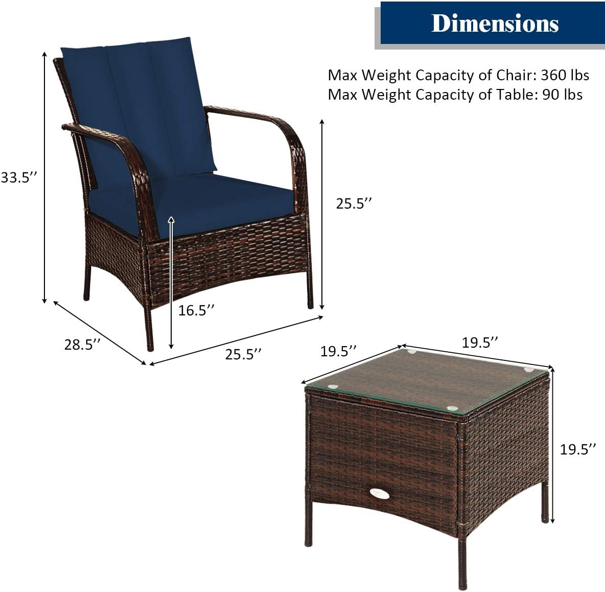 COSTWAY 3 Pieces Patio Rattan Furniture Set, Outdoor Conversation Chair Set with Coffee Table & 2 Cushions for Backyard, Porch, Poolside, Lawn, Garden, Navy