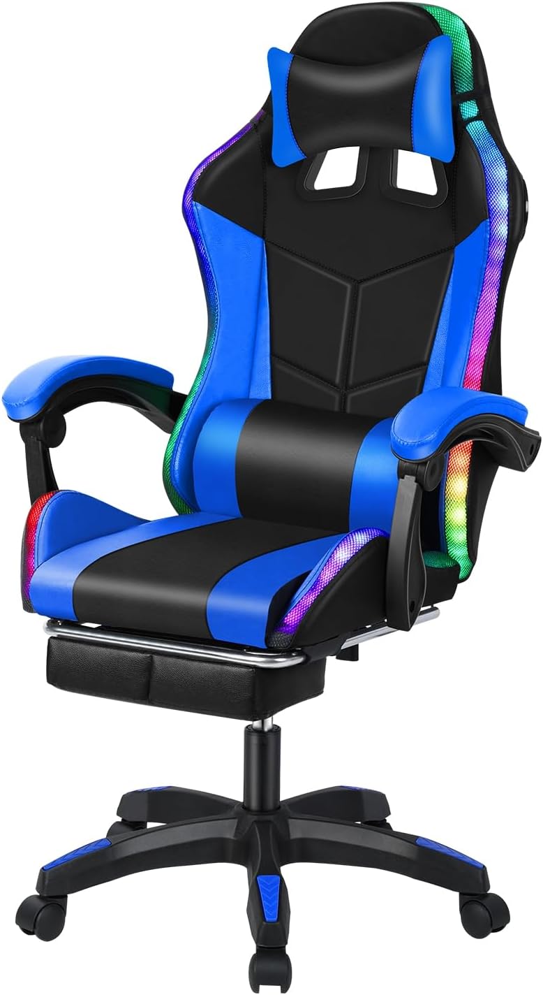 Talent Star Gaming Chair with Bluetooth-Compatible Speakers and RGB LED Lights, Ergonomic Massage Computer Chair with Height Adjustable, Video Game Chair High Back with Lumbar Support Black Blue