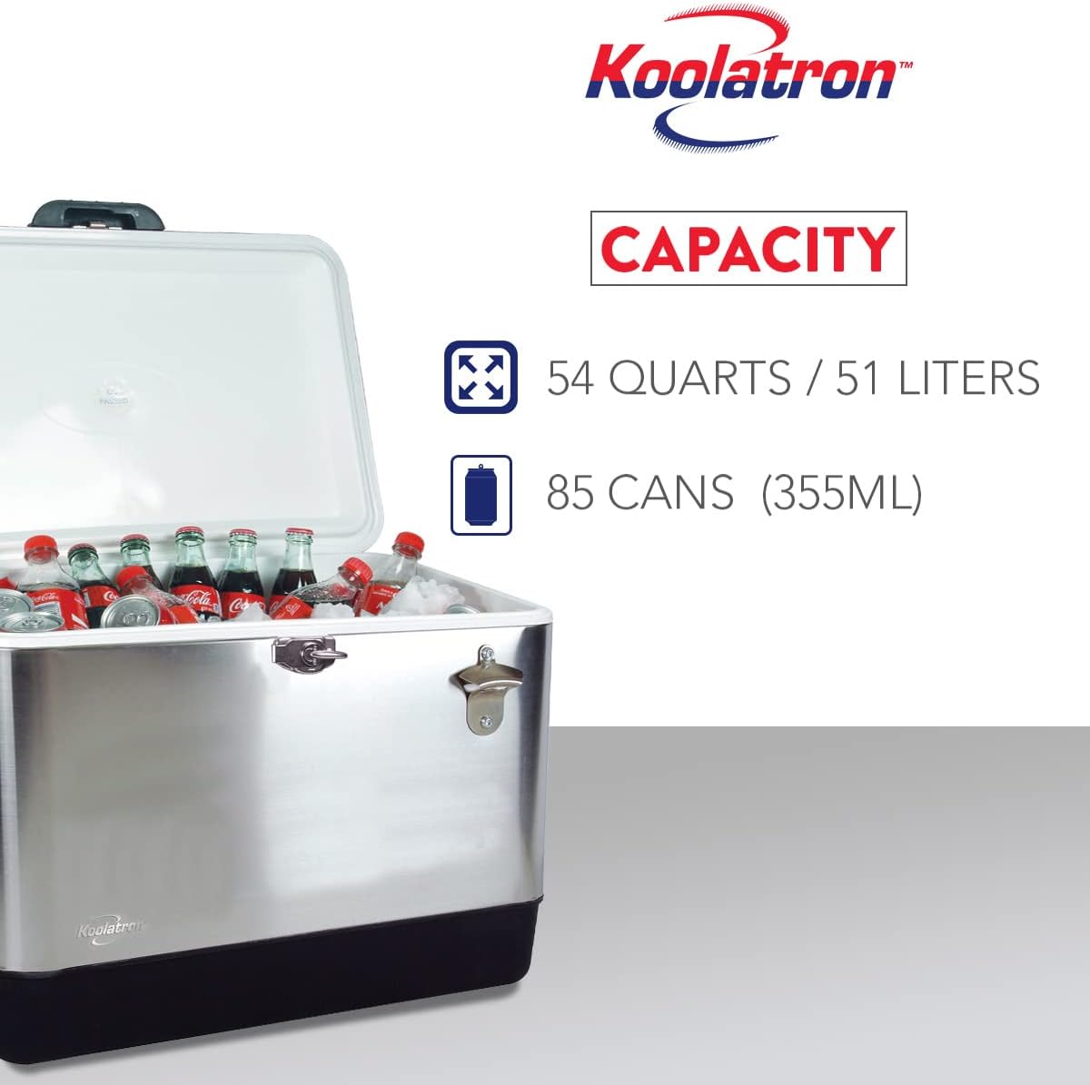 Koolatron Ice Chest Cooler - Portable Ice Bucket with Bottle Opener, Vintage Style, Insulated for Camping, Beach, Picnic, RV, BBQs, Tailgating, Fishing, Stainless Steel 85 Can Ice Box, 51L (54 qt)