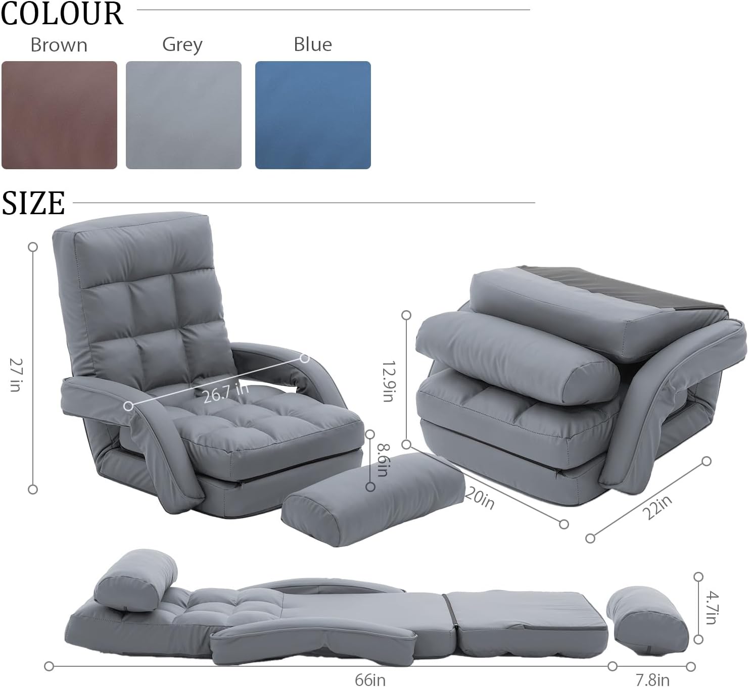Floor Chair, Floor Gaming Chair with 14 Adjustable Position&Back Support, Folding Lounge Chair with Armrest for Adults, Lazy Sofa Lounger with Comfy Cushion for Living Room,Bedroom,PU,Grey
