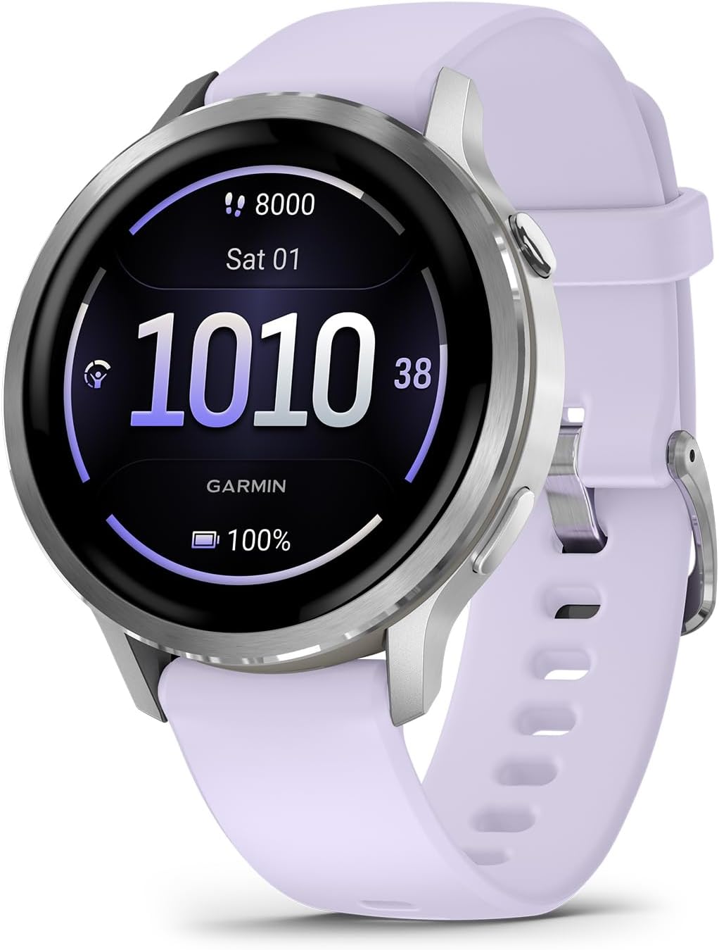 Garmin Venu 4, 41mm, Advanced Fitness Tracker GPS Smartwatch, 1.2' AMOLED Display, Built-in Flashlight, 10 Days of Battery Life, Silver with Periwinkle Silicone Band (Watch Bundle)