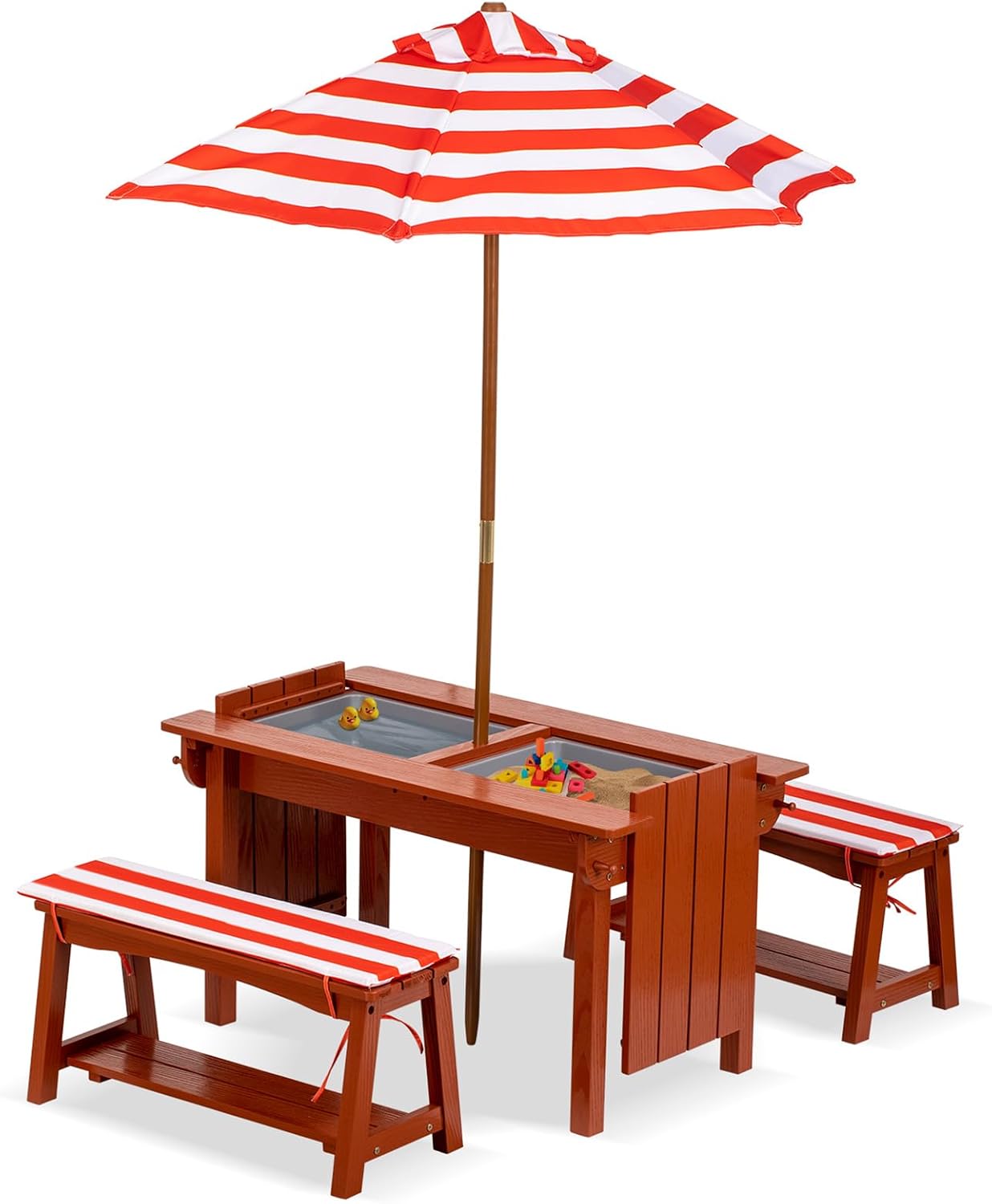 BRINJOY Kids Picnic Table with Umbrella, Outdoor Wooden Table & Bench Set w/Cushions & 2 Removable Boxes, 4-in-1 Children Sand and Water Table Activities Furniture for Patio, Garden, Indoor Outdoor
