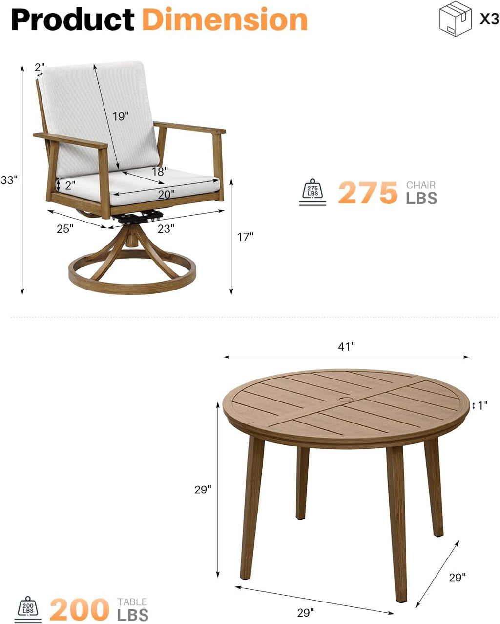 5-Piece Round Patio Swivel Dining Set, Aluminum Round Outdoor Dining Set with 4 Swivel Chairs, Patio Dining Table Set with Cushions, Never-Rust Outdoor Furniture Set for Pool, Deck, Lawn, Teak