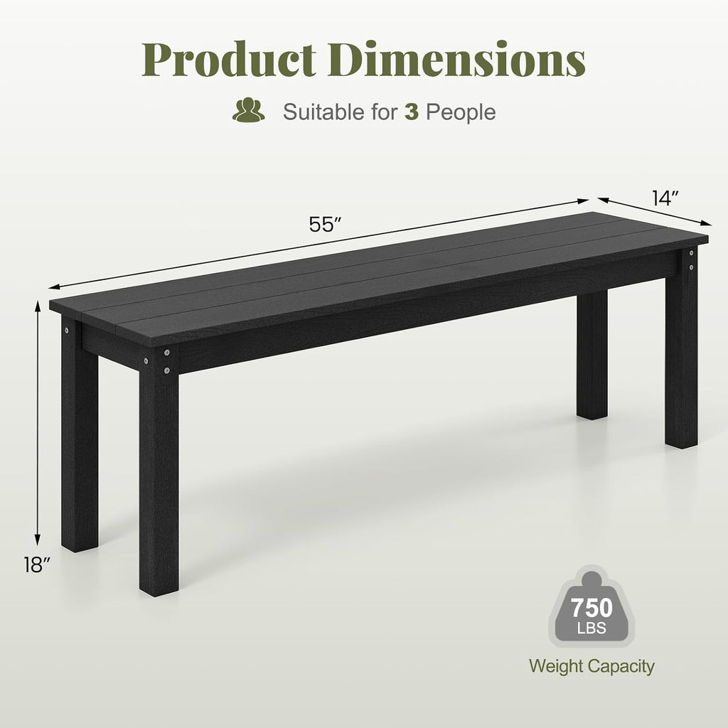 Tangkula HDPE Outdoor Bench, 2-3 Person Patio Bench, 55' Backless Garden Dining Bench with Slatted Seat, Weatherproof Park Bench for Entryway, Porch, Lawn & Backyard (Black,2)