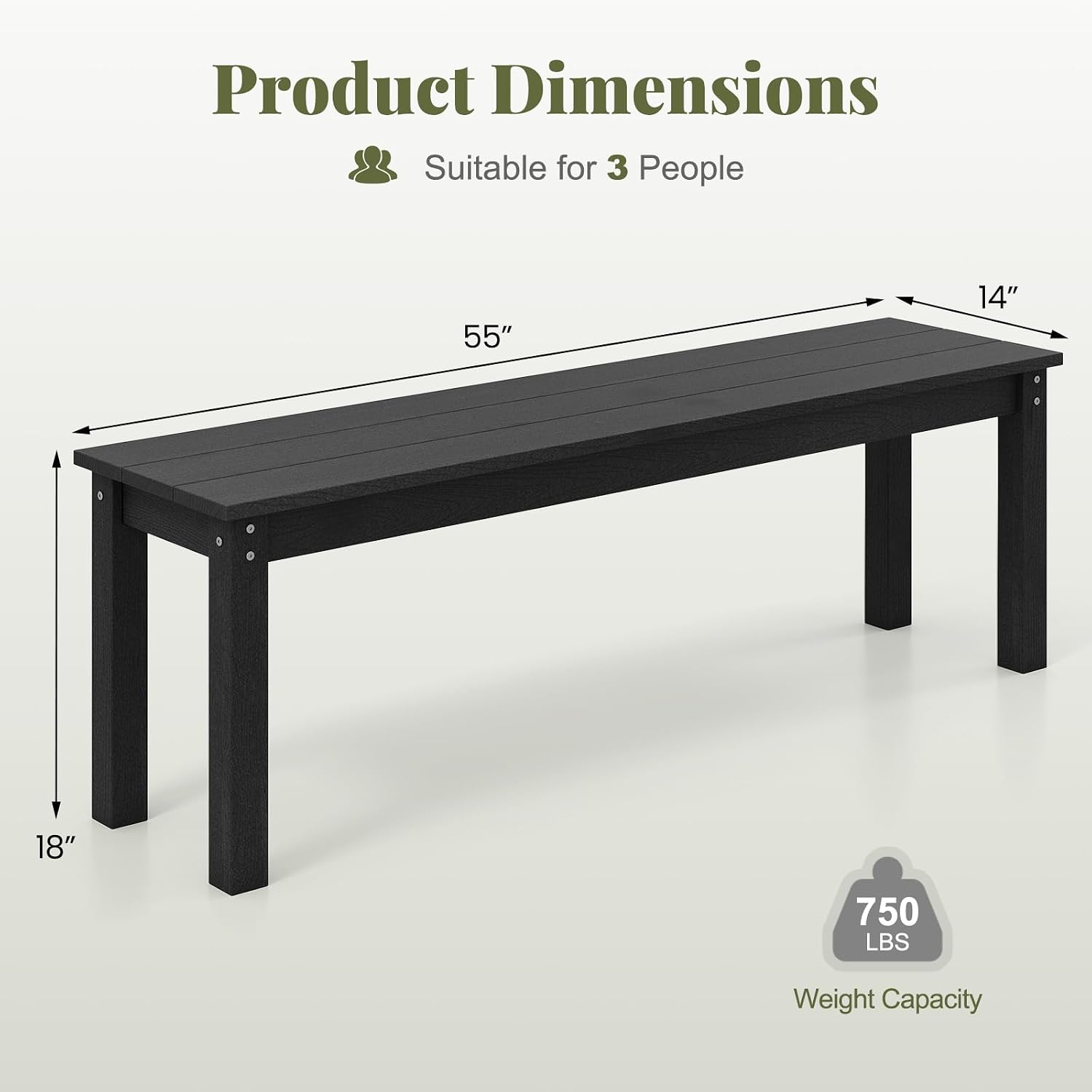 Tangkula HDPE Outdoor Bench, 2-3 Person Patio Bench, 55' Backless Garden Dining Bench with Slatted Seat, Weatherproof Park Bench for Entryway, Porch, Lawn & Backyard (Black,2)