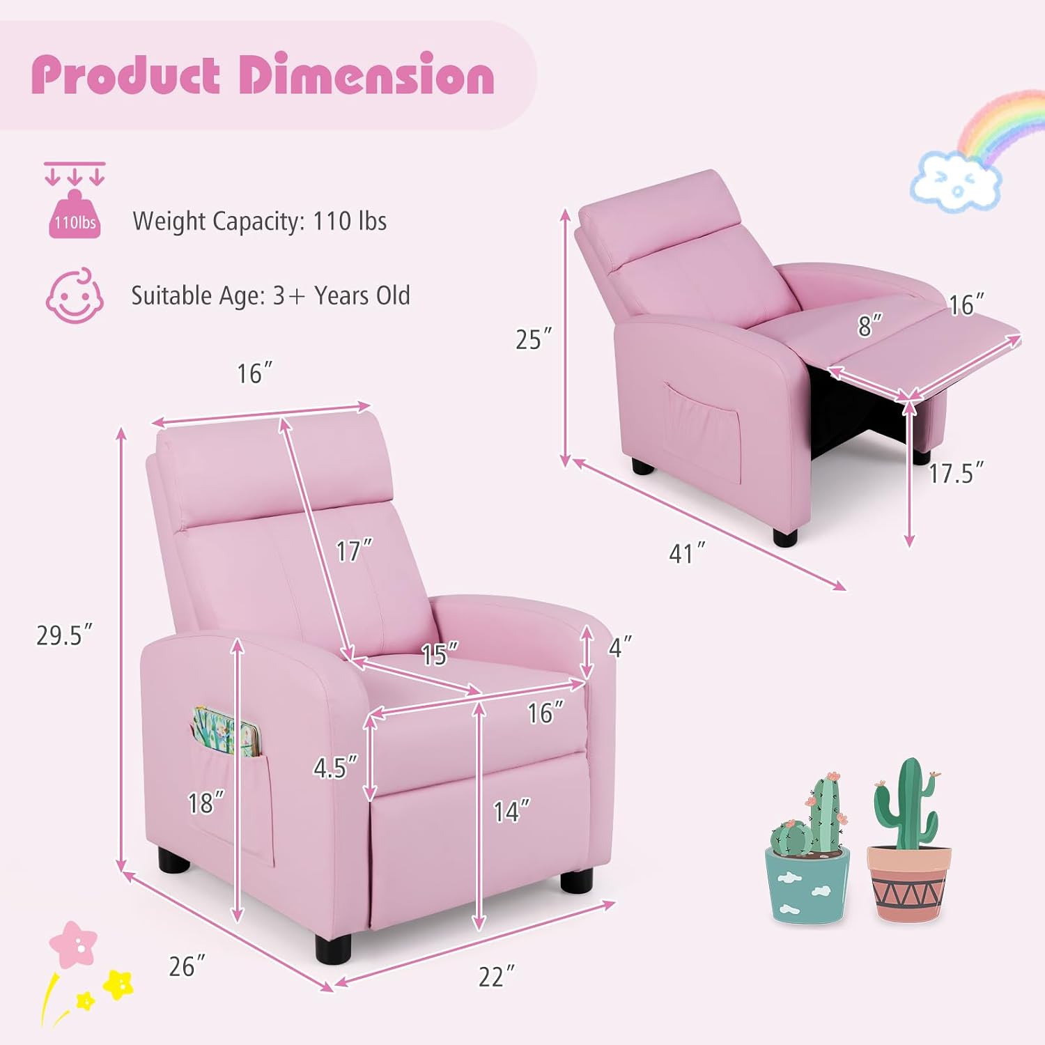 Costzon Kids Recliner, Adjustable PU Leather Lounge Chair w/Side Pockets, Footrest, Headrest for Kids Room&Play Room, Easy to Clean, Padded Pink Recliner Sofa for Children Boys Girls Aged 3-12 (Pink)