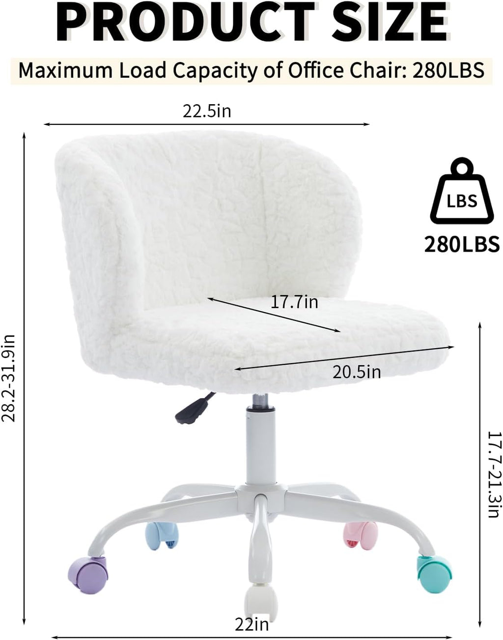 White Faux Fur Vanity Chair, Adjustable Swivel Home Office Chair with Colorful Wheels and Metal Base, Cute Makeup Chair for Women, Teens & Girls(White)