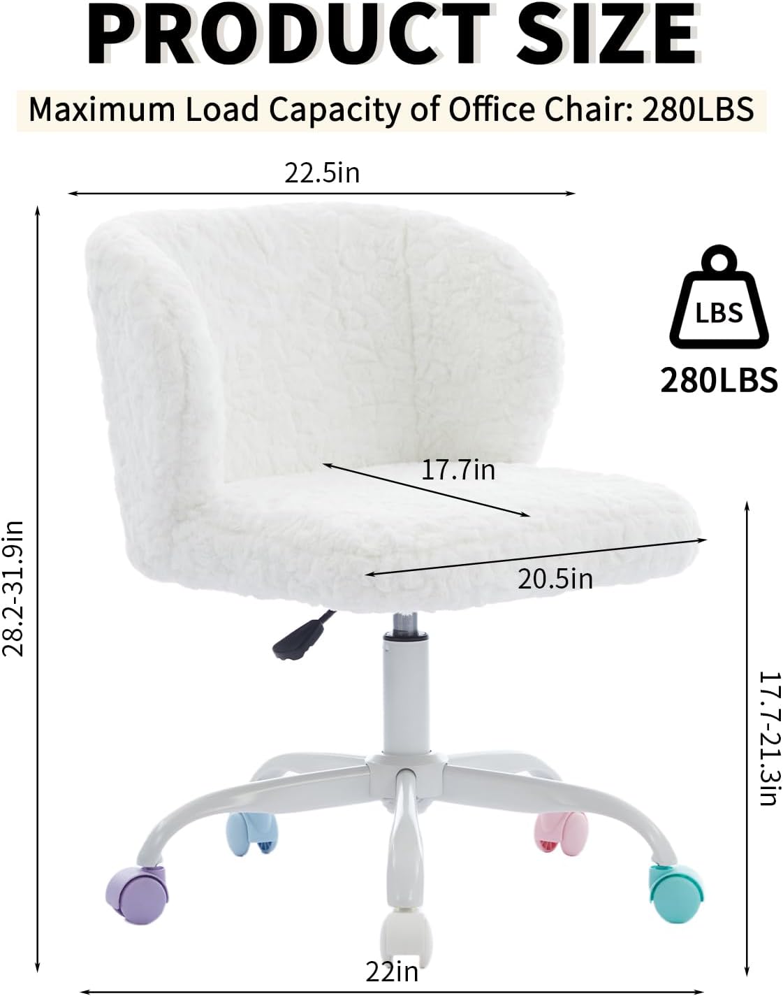 White Faux Fur Vanity Chair, Adjustable Swivel Home Office Chair with Colorful Wheels and Metal Base, Cute Makeup Chair for Women, Teens & Girls(White)