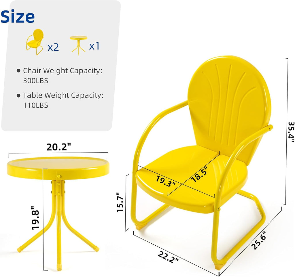 Patio Bistro Set Retro Metal Outdoor Seating Set Conversation Set 3 Pieces, 2 C-Spring Motion Armchairs and Round Side Table, for Porch, Lawn, Garden（Yellow）