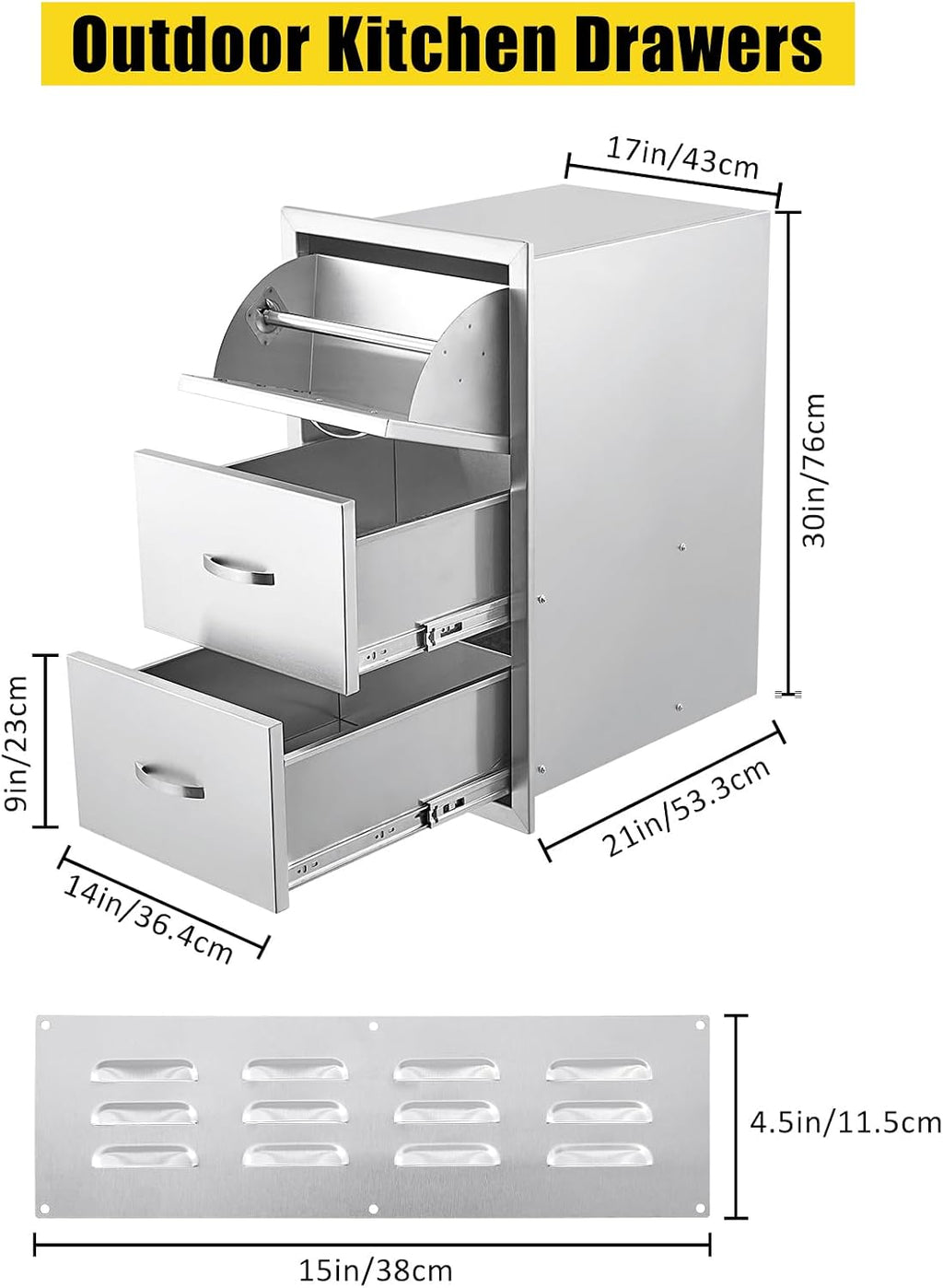 17W x 21D x 30H Inch Outdoor Kitchen Drawers Stainless Steel, Flush Mount Triple Drawers with Stainless Steel Handle, Venting Panel Weatherproof for Kitchen Island Patio, Grill Station