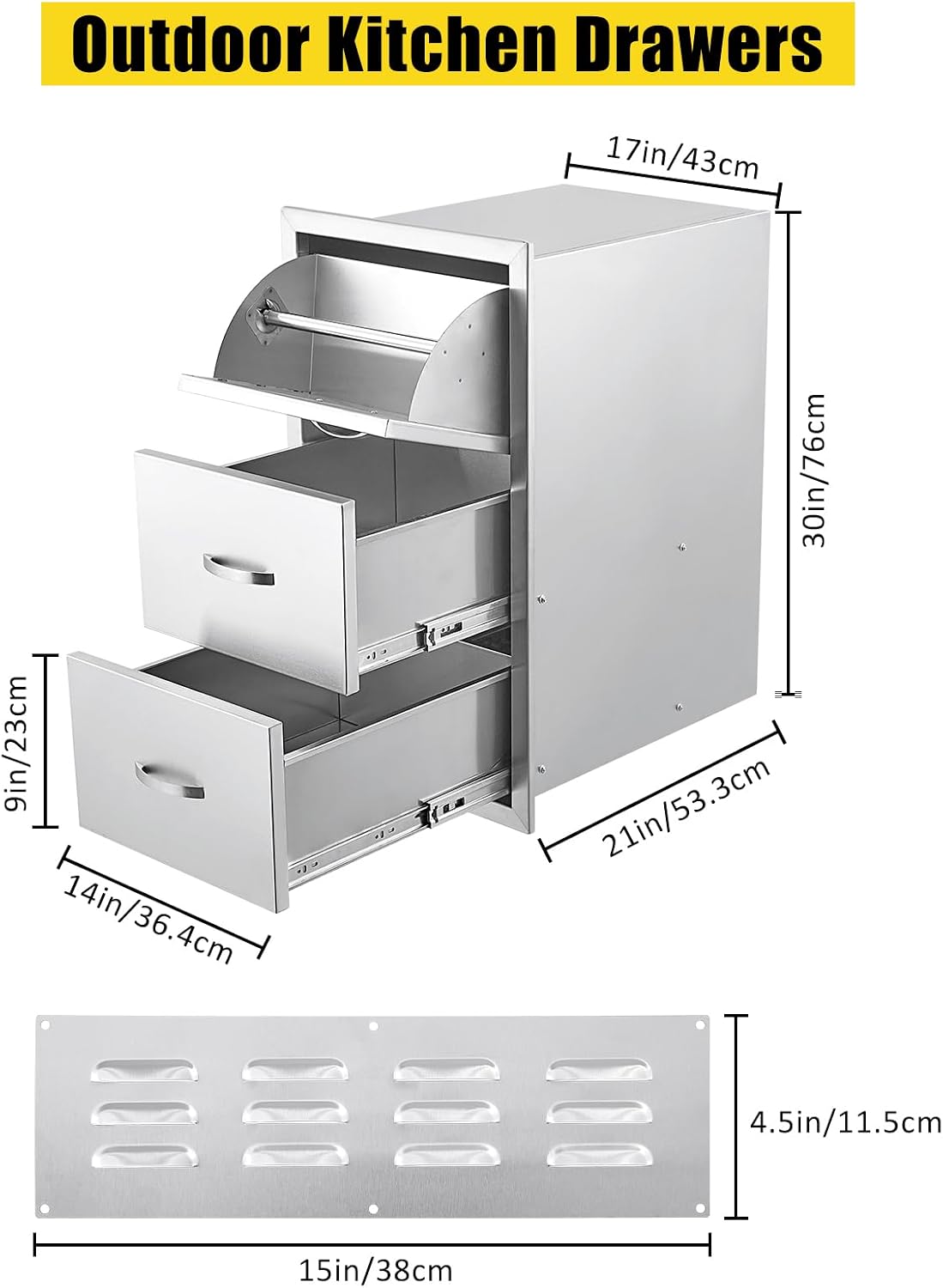 17W x 21D x 30H Inch Outdoor Kitchen Drawers Stainless Steel, Flush Mount Triple Drawers with Stainless Steel Handle, Venting Panel Weatherproof for Kitchen Island Patio, Grill Station