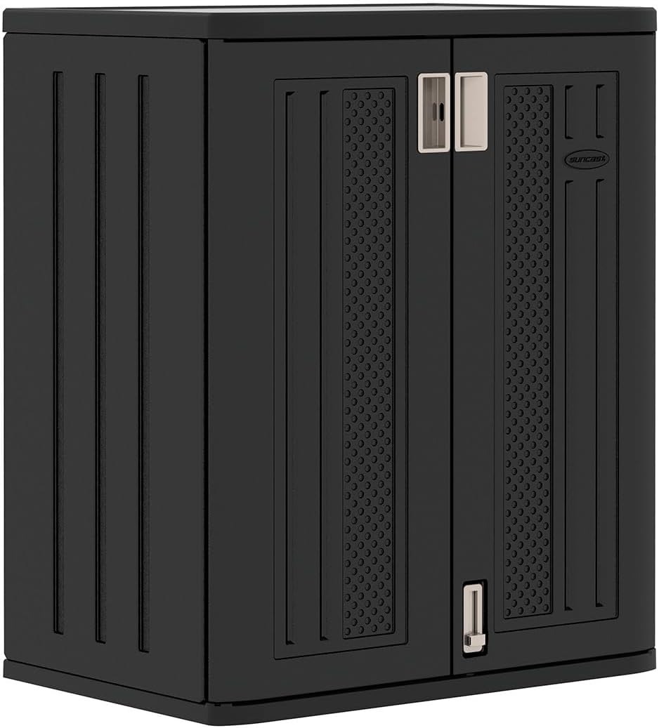 Suncast Base Storage Cabinet for Garage Organization, 9 Cu. Ft. Capacity, Black - Lockable Multi-Wall 2-Shelf Resin Organizer for Garden Supplies, Paint Cans & Outdoor Tools