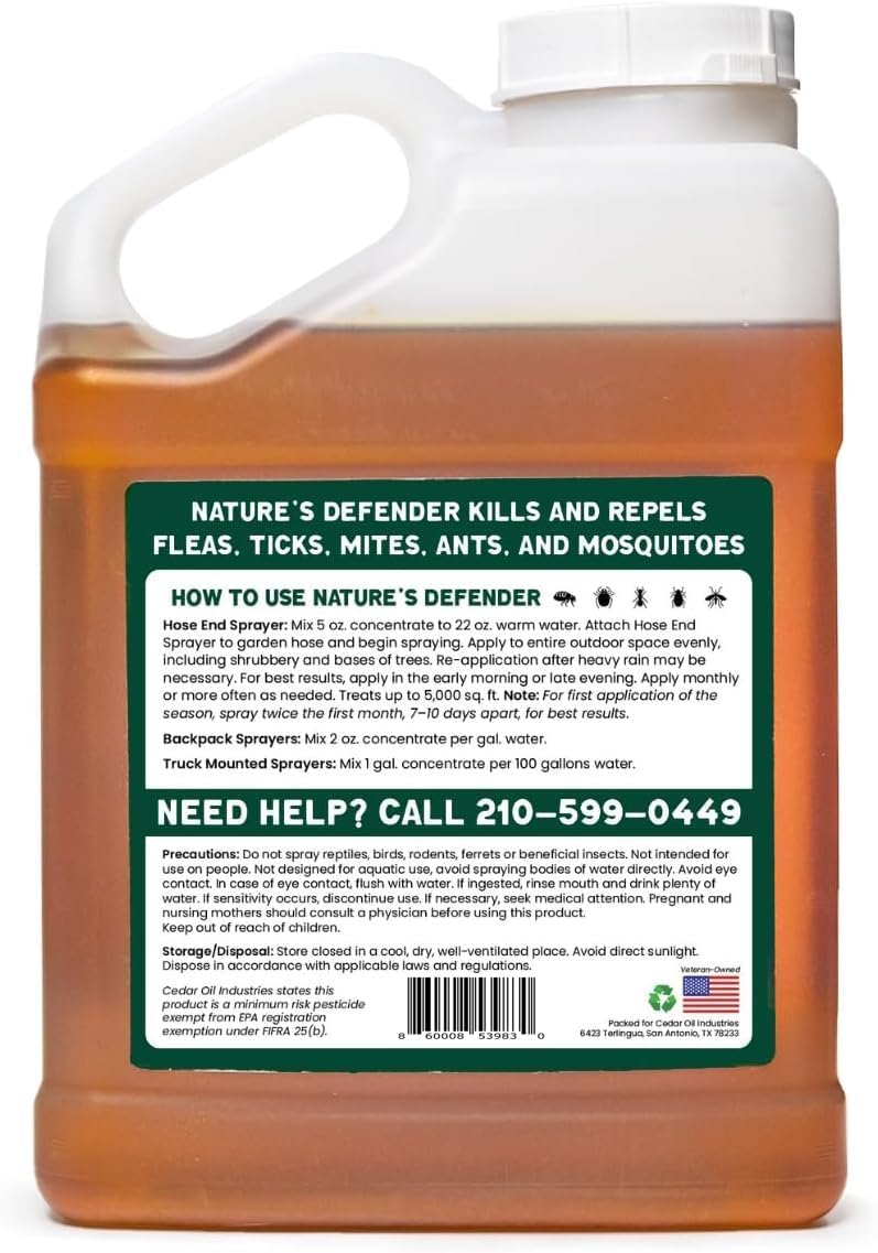 Nature's Defender Outdoor Pest Control Spray – All-Natural Cedarwood Oil Formula for Mosquitoes, Ticks, Fleas, and Ants – Safe for Pets, Kids, & Plants – 128 oz (1Gal) Concentrate Treats 160,000 sq.ft