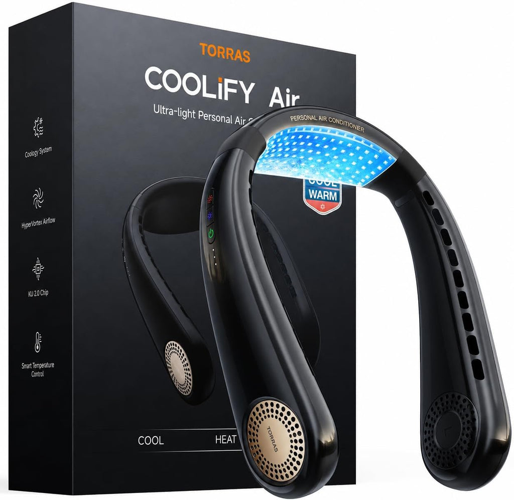 TORRAS COOLiFY Air Neck Fan Air Conditioner, 3D Airflow, Light Portable Fan Rechargeable, Personal Cooling Fan Travel Essentials, Work, Travel, Camping, Onyx Black
