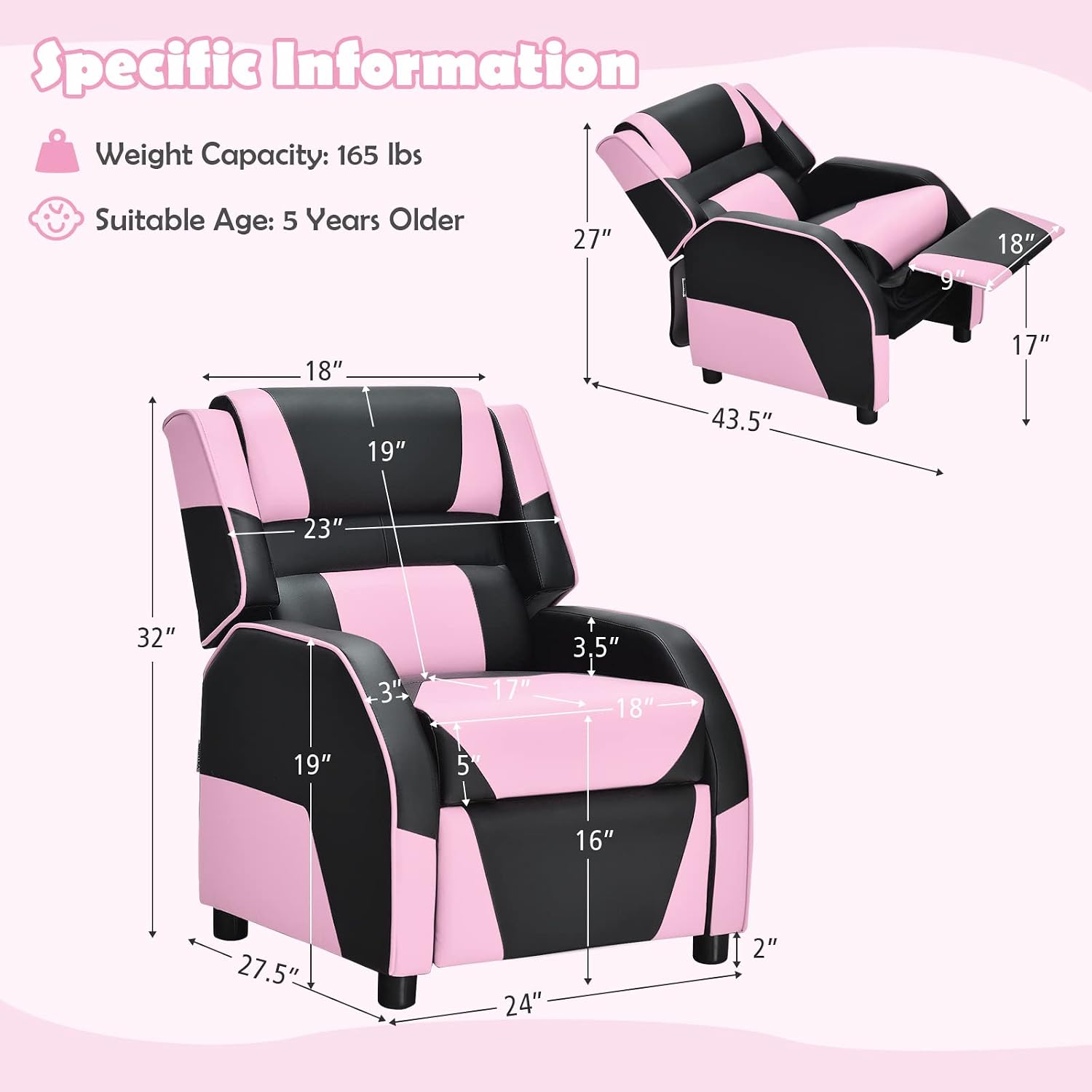 COSTWAY Kids Recliner Sofa, Toddler Leather Recliner with Adjustable Footrest & Headrest, Gaming Reclining Chair for Boys Girls Aged 3 Years Up, Kid-Sized Lounge Chair for Living Room (Pink)