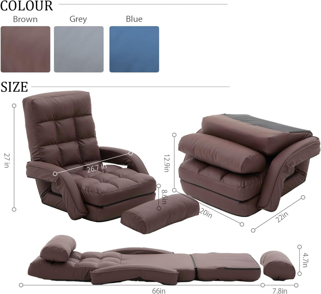 Floor Chair, Floor Gaming Chair with 14 Adjustable Position&Back Support, Folding Lounge Chair with Armrest for Adults, Lazy Sofa Lounger with Comfy Cushion for Living Room,Bedroom,PU,Coffee