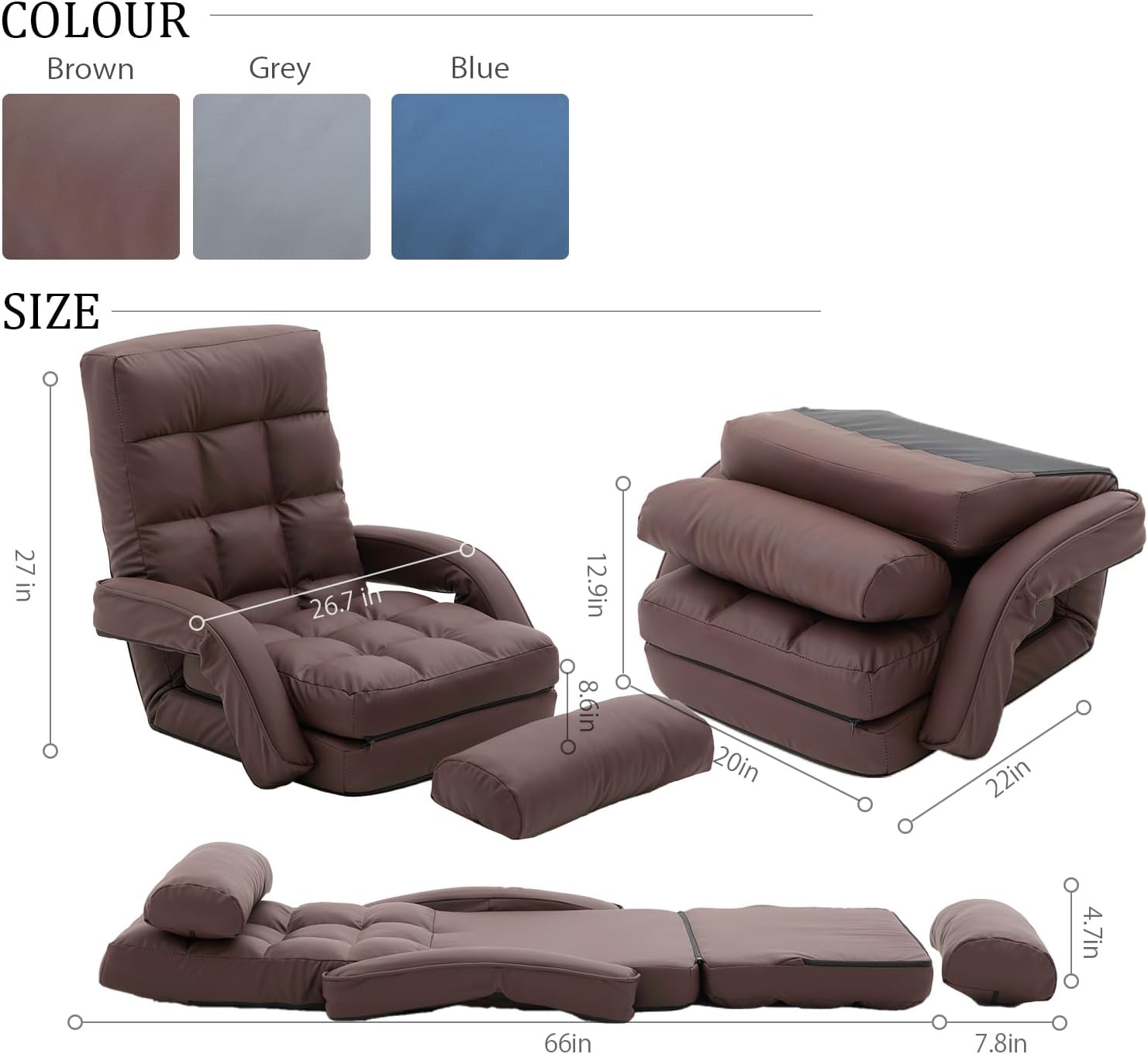 Floor Chair, Floor Gaming Chair with 14 Adjustable Position&Back Support, Folding Lounge Chair with Armrest for Adults, Lazy Sofa Lounger with Comfy Cushion for Living Room,Bedroom,PU,Coffee