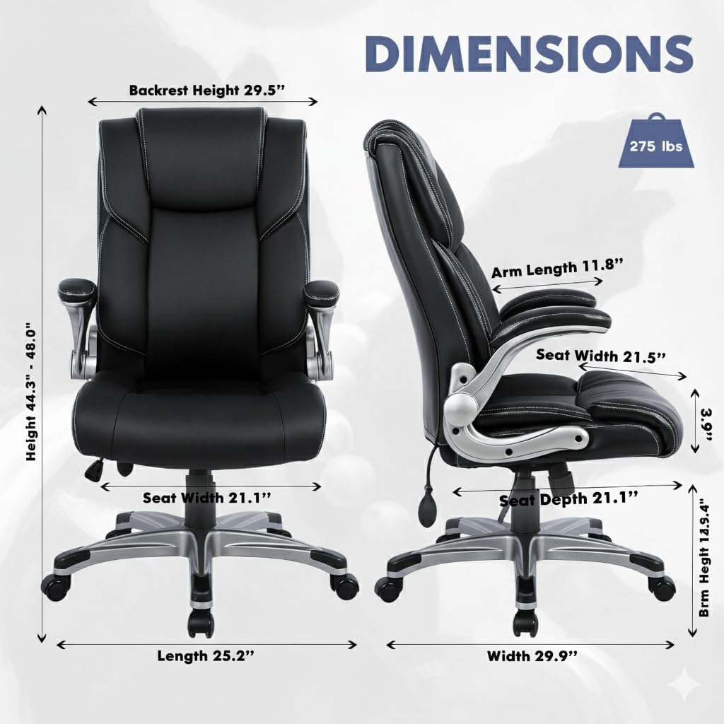COLAMY Ergonomic Executive Office Chair with Lumbar Support, Flip-Up Arms, Bonded Leather High Back Desk Chair for Home Office & Workstation, Computer Chair for Adults Men Women, Black
