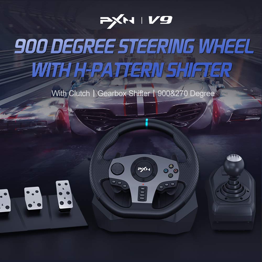 PXN V9 Steering Wheel for PC, PS4, Xbox, Switch - Universal Usb Sim Racing Wheel, APP, 270/900° Adjustable, 3 Pedals & Shifter Full Bundle(Black)