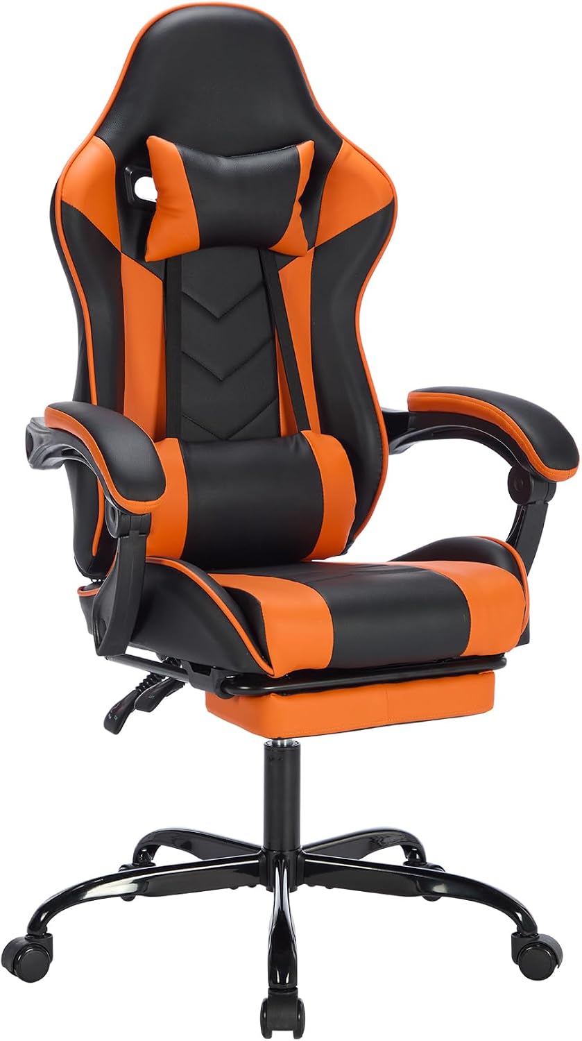Gaming Chair with Footrest, Ergonomic Computer Chair with Headrest and Lumbar Support, Breathable Material Height Adjustable Swivel Video Game Chairs for Adults, 300lbs Max, Black & Orange