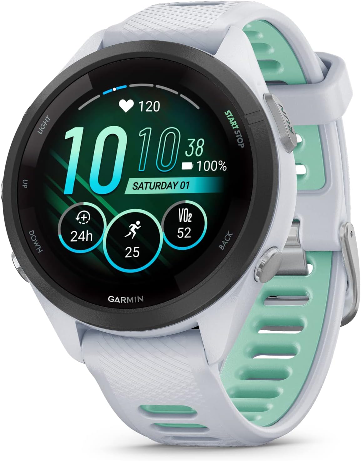 Garmin Forerunner 265S Music GPS Running 42 mm Smartwatch, Whitestone with AMOLED 1.1in Touchscreen Display Black Earbuds Bundle, White +Blk EarBuds
