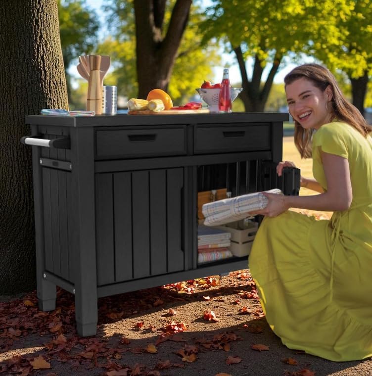 Outdoor Storage Cabinet with Drawers, Entertainment Buffet Table, Graphite Gray, 49.4' W x 35.4' H x 25.3' D
