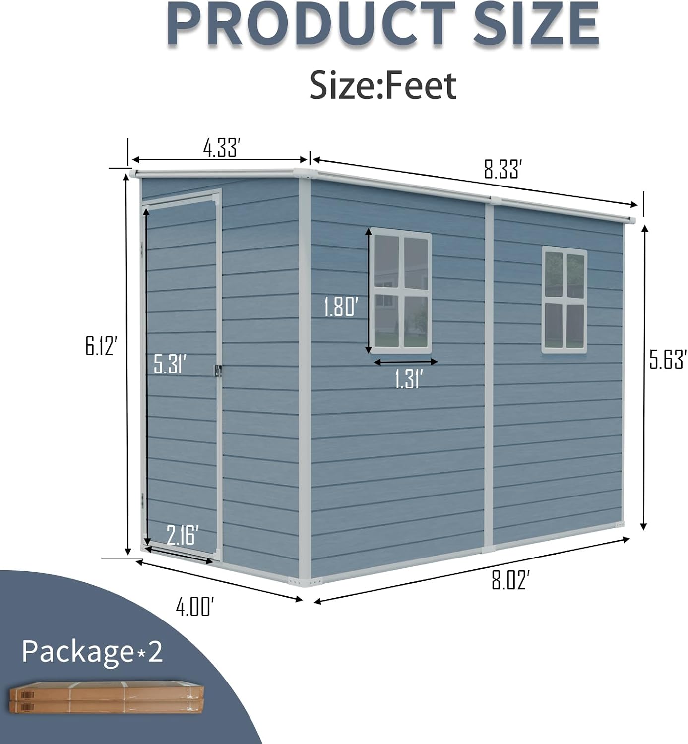 KUIKUI 8x4ft Shed with Floor Included, Outdoor Storage Plastic Resin Lean to Shed with 2 Windows and Lockable Door, Backyard Storage Sheds for Garden Tools, Bike, Grey