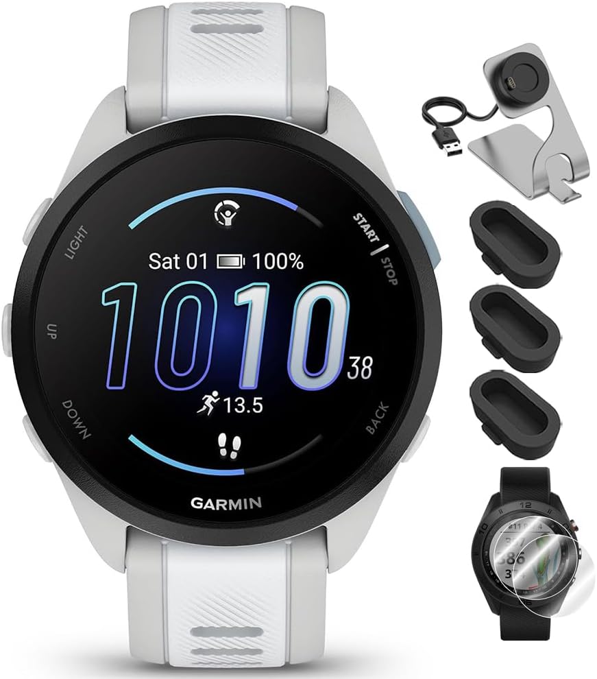 Garmin 010-02863-31 Forerunner 165 Music Smart Sport Watch Mist Gray + Whitestone Bundle with Deco Essentials Charging Dock, Silicone Dust Cover 3 Pack and Screen Protector for 1.2 inch 2 Pack