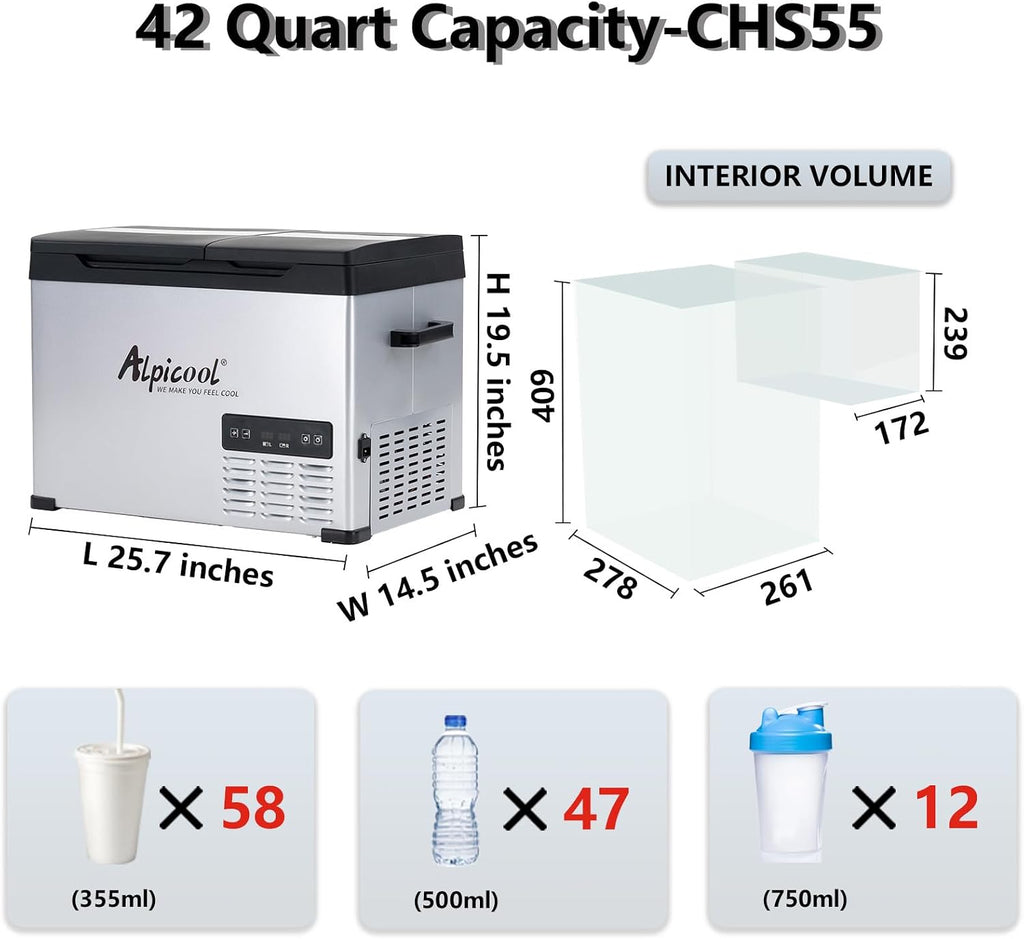 Alpicool CHS55 Dual Temperature Control 12 Volt Refrigerator 42 Quart Portable Car Fridge Freezer (-4°F~68°F) for Truck,RV,Camping and Travel