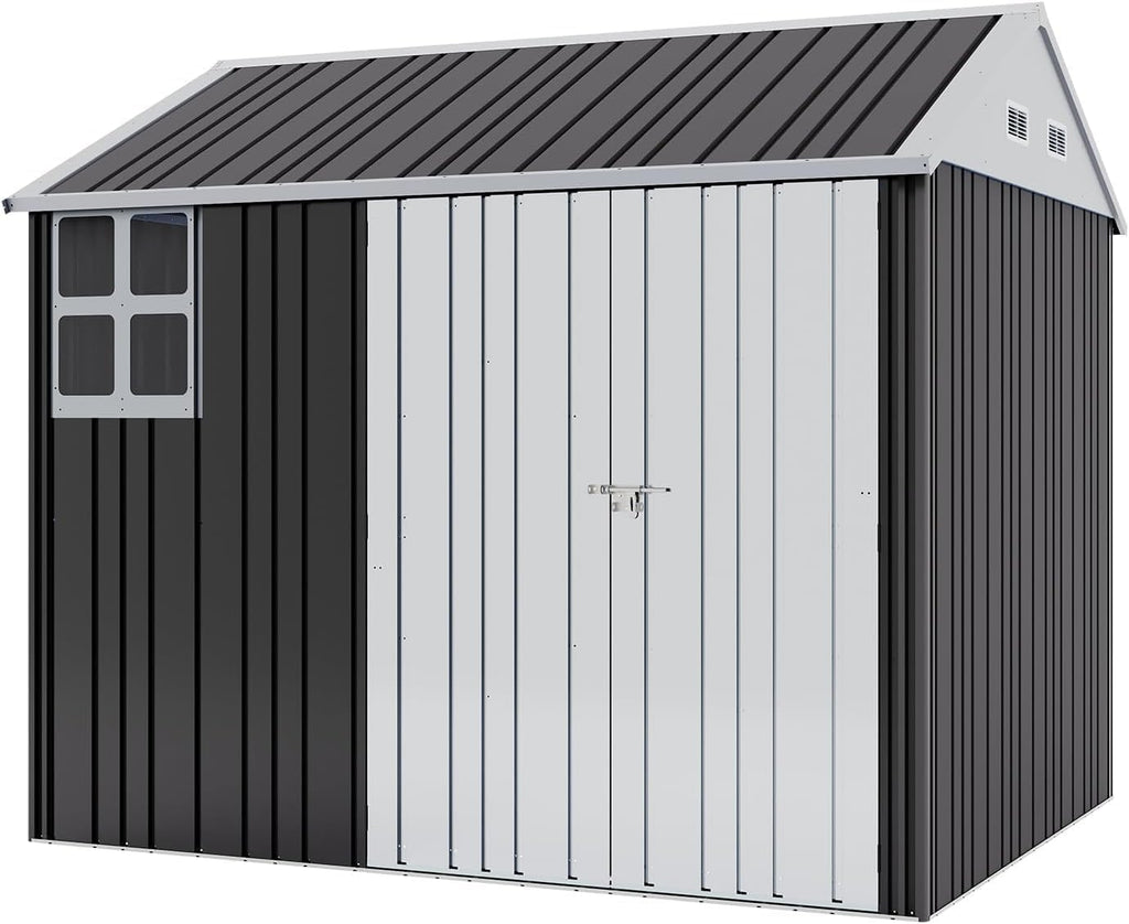 Jocisland 8.5x7.1x7.5 FT Outdoor Storage Shed, Lockable Double Hinged Doors and 4 Vents, Metal Shed for Backyard Storage, Dark Black/White