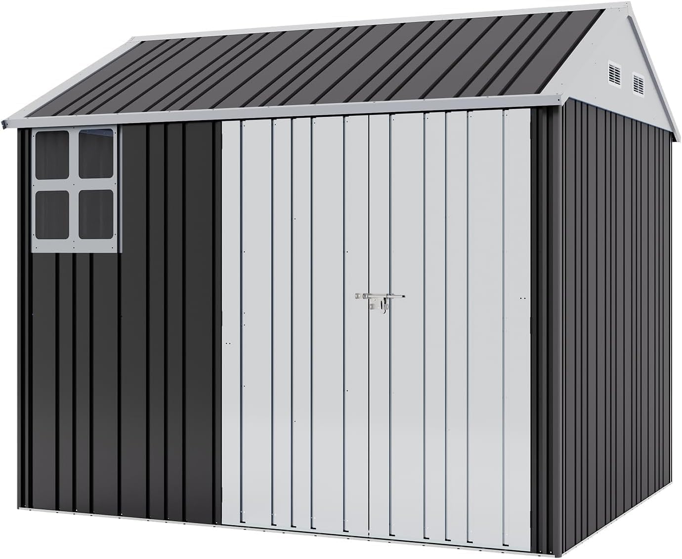 Jocisland 8.5x7.1x7.5 FT Outdoor Storage Shed, Lockable Double Hinged Doors and 4 Vents, Metal Shed for Backyard Storage, Dark Black/White