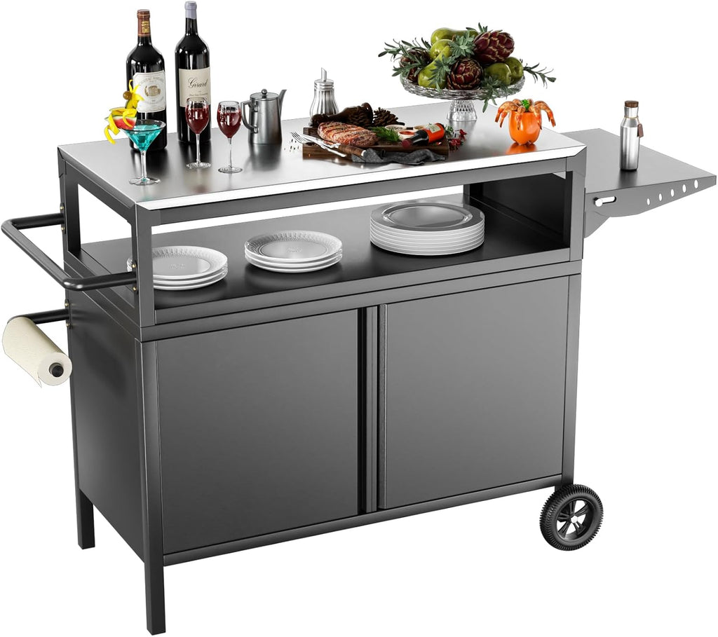 Outdoor Grill Table with Storage, Movable Outdoor Grill Cart, Stainless-Steel Tabletop Outdoor Kitchen Island, Patio Kitchen Island BBQ Cart with Wheels for Home BBQ Backyard Party