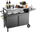Outdoor Grill Table with Storage, Movable Outdoor Grill Cart, Stainless-Steel Tabletop Outdoor Kitchen Island, Patio Kitchen Island BBQ Cart with Wheels for Home BBQ Backyard Party