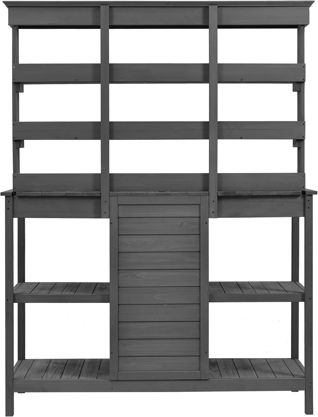 Outdoor Potting Bench Table, Farmhouse Wooden Garden Workstation with 2 Drawers, Cabinet and Open Shelves for Backyard, Mudroom, Grey