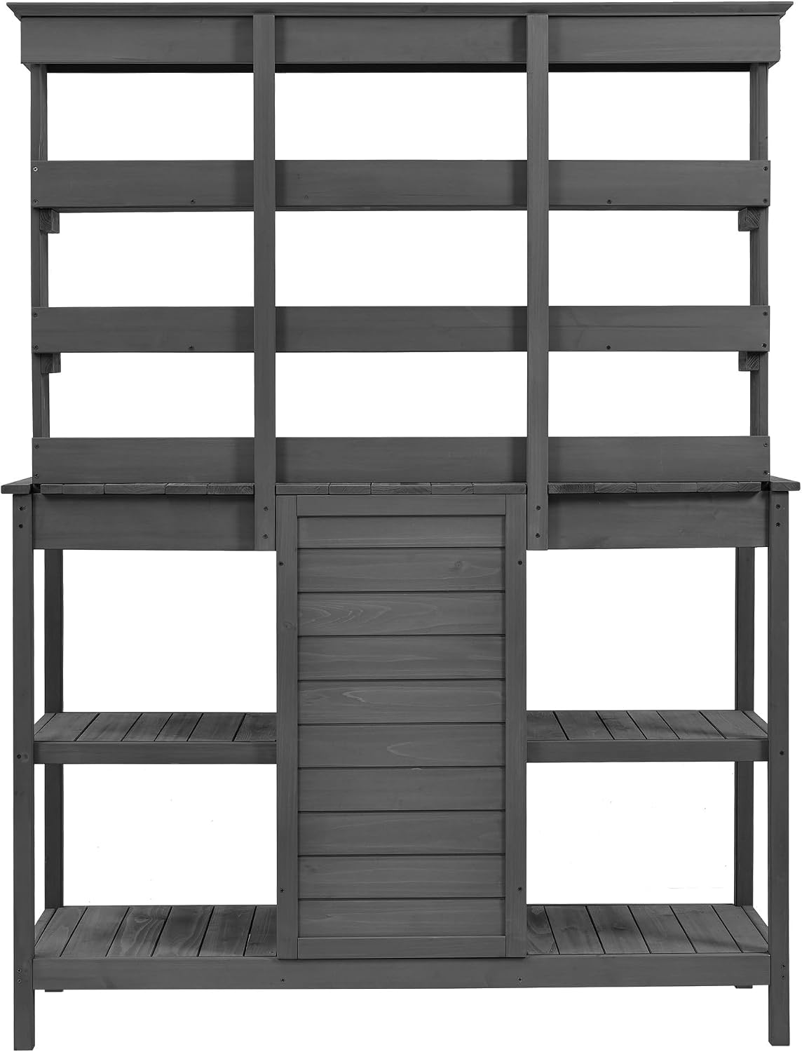 Outdoor Potting Bench Table, Farmhouse Wooden Garden Workstation with 2 Drawers, Cabinet and Open Shelves for Backyard, Mudroom, Grey
