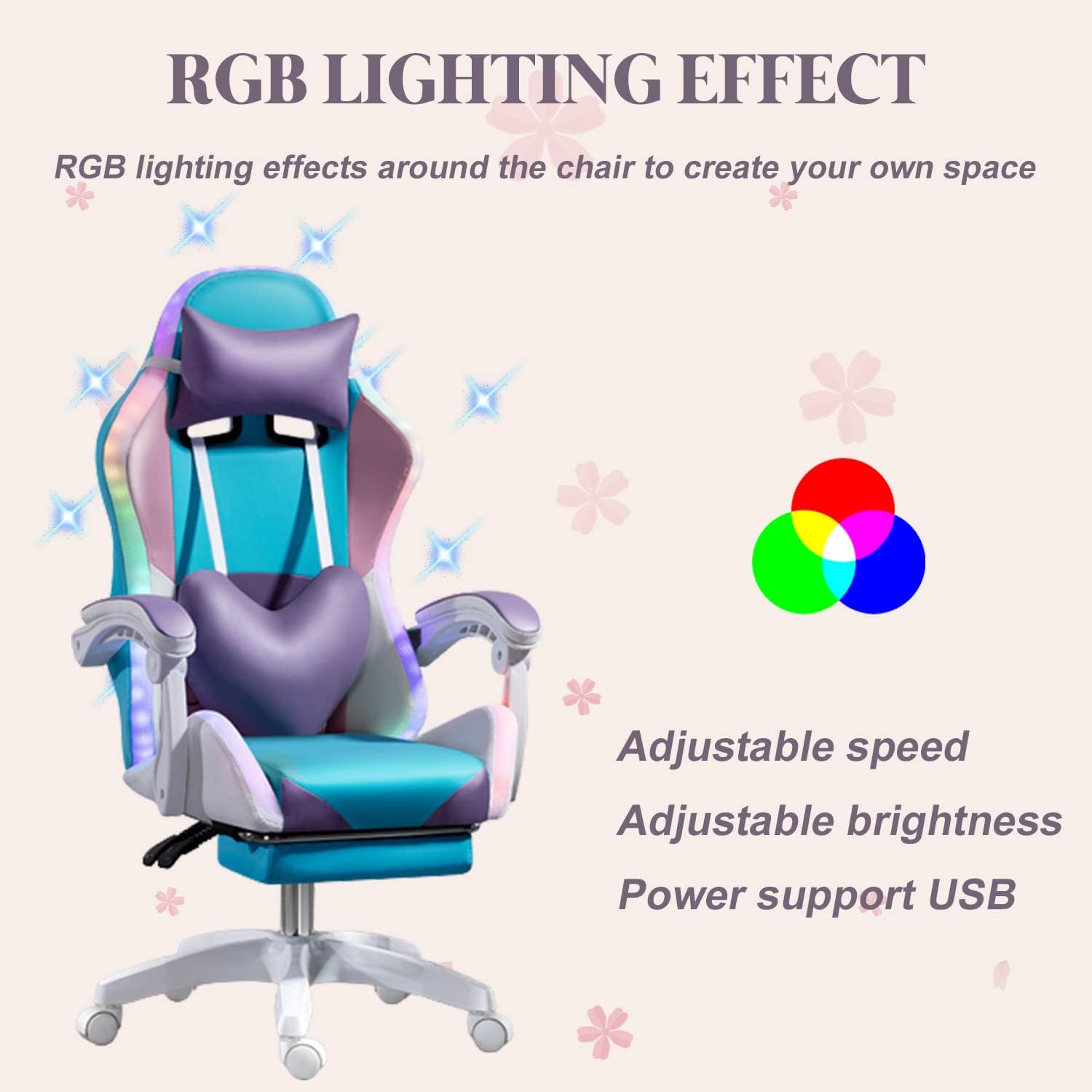 XOOFMASS Gaming Chair with Speakers and RGB LED Lights, Video Game Chair Swivel Reclining Racing Computer Chair with Headrest & Lumbar Support, PU Leather High Back Office Chair,Purple
