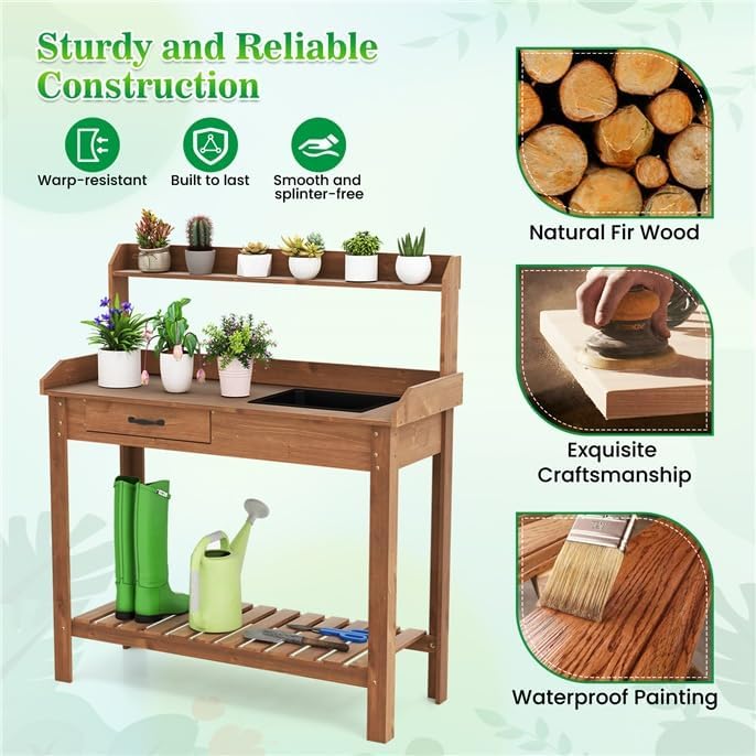ARNOT Potting Bench,Outdoor Potting Bench Table with Sink and Storage Shelves, Wooden Garden Workstation for Gardening Tools, Planting, and Repotting – Natural Fir Wood (38' x 17' x 50')