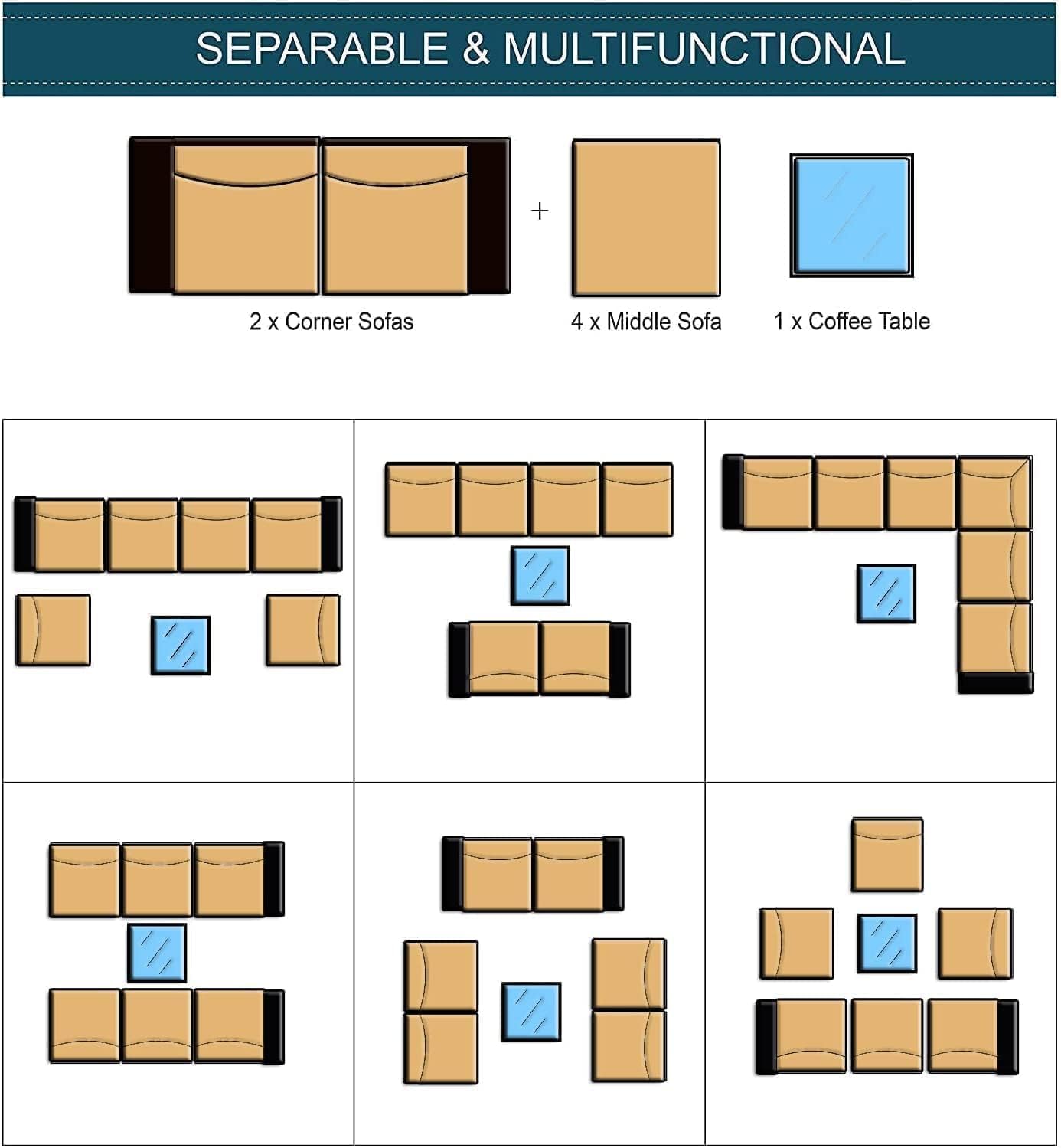 7 Pieces Outdoor Patio Furniture Sets,Wicker Conversation Set Sectional Sofa,Includes 6 All-Weather High Back PE Rattan Seating Components w/Thickened Cushions&Coffee Table,Sand