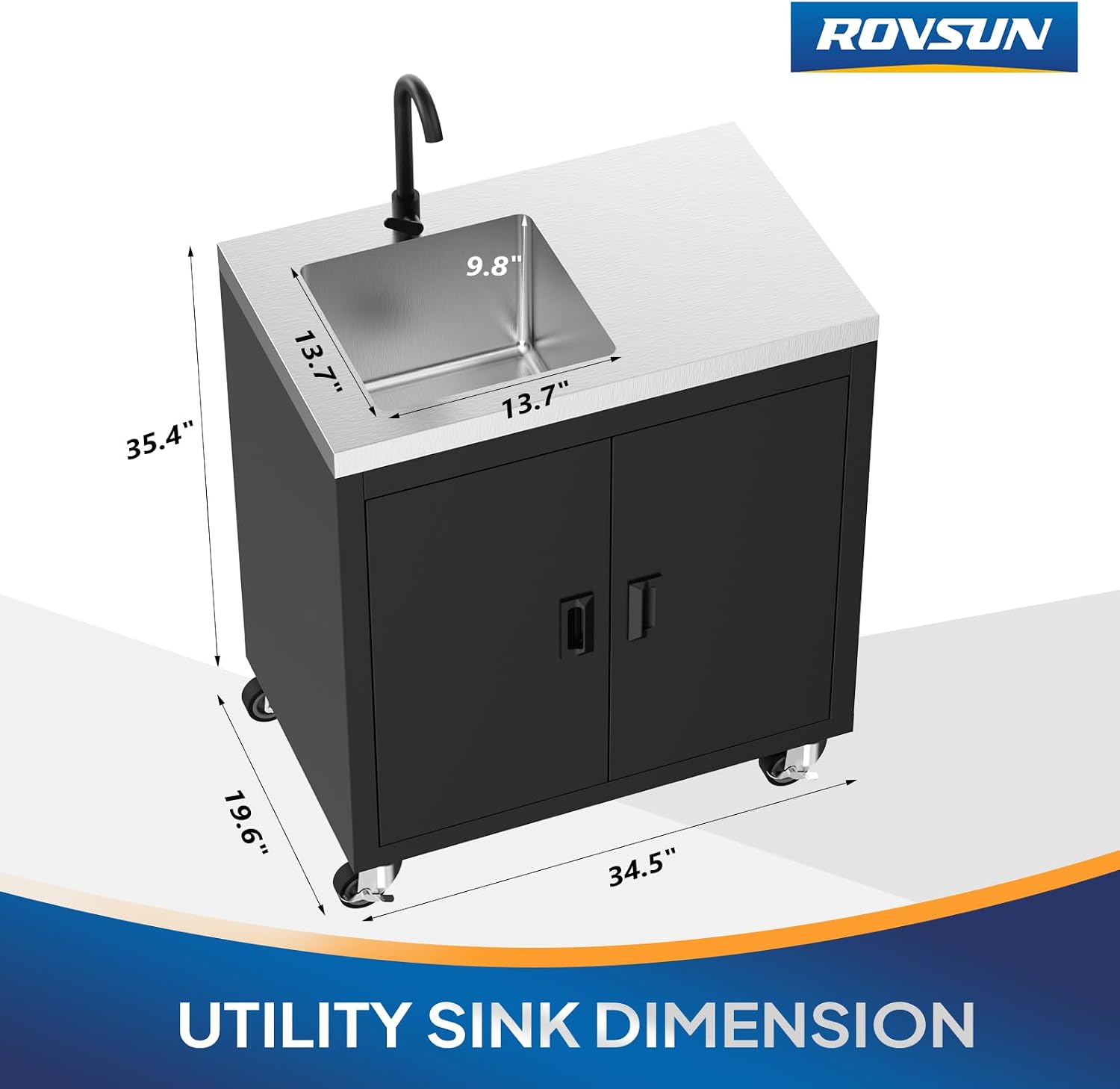 ROVSUN Stainless Steel Utility Sink with Cabinet & Wheels, Outdoor Heavy-Duty Freestanding Prep Grill Cart Sink for Backyard, Kitchen, Garage, Laundry, Garden Use 34.5' D x 19.6' W x 35.4' H