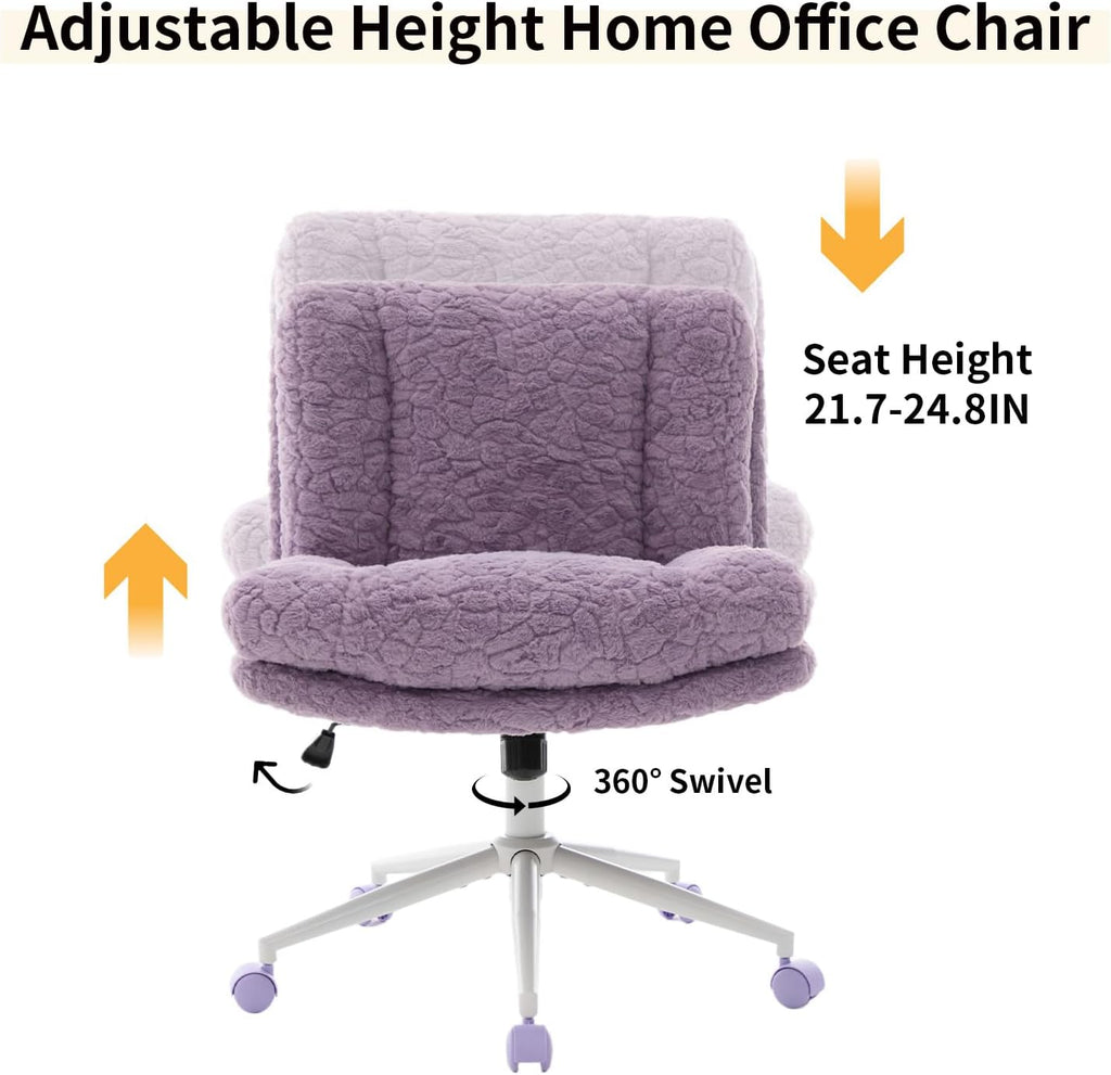 Shenyon Criss Cross Chair with Wheels, Wide Cross Legged Office Chair with 2 Layer Cushions & Back, Adjustable Swivel Home Office Chair, Comfy Faux Fur Makeup Vanity Chair for Girls Women, Violet