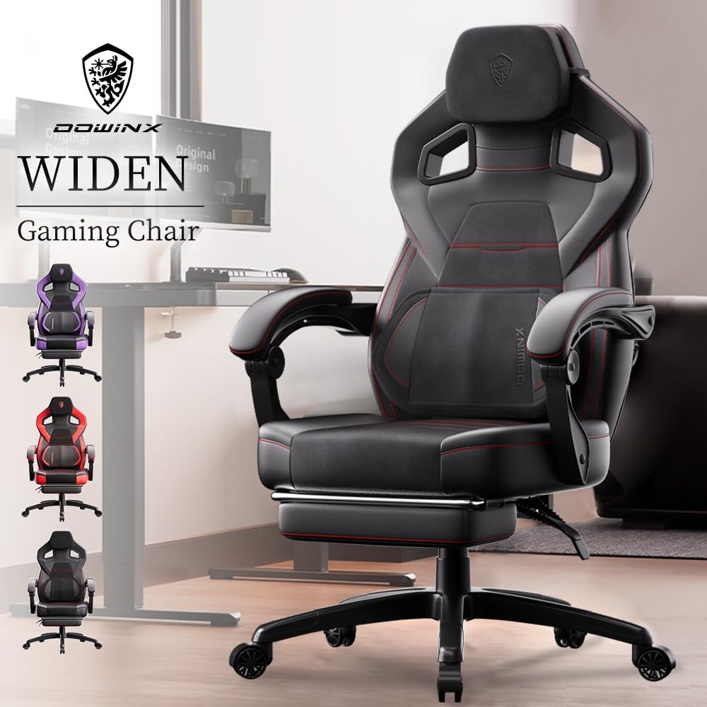 Dowinx PU Leather Gaming Chair with Footrest, 350lb Big and Tall Gamer Chair, Wide Seat Ergonomic Computer Chair with Lumbar Massage Support, Wide Back Office Chair for Heavy People, Deep Black