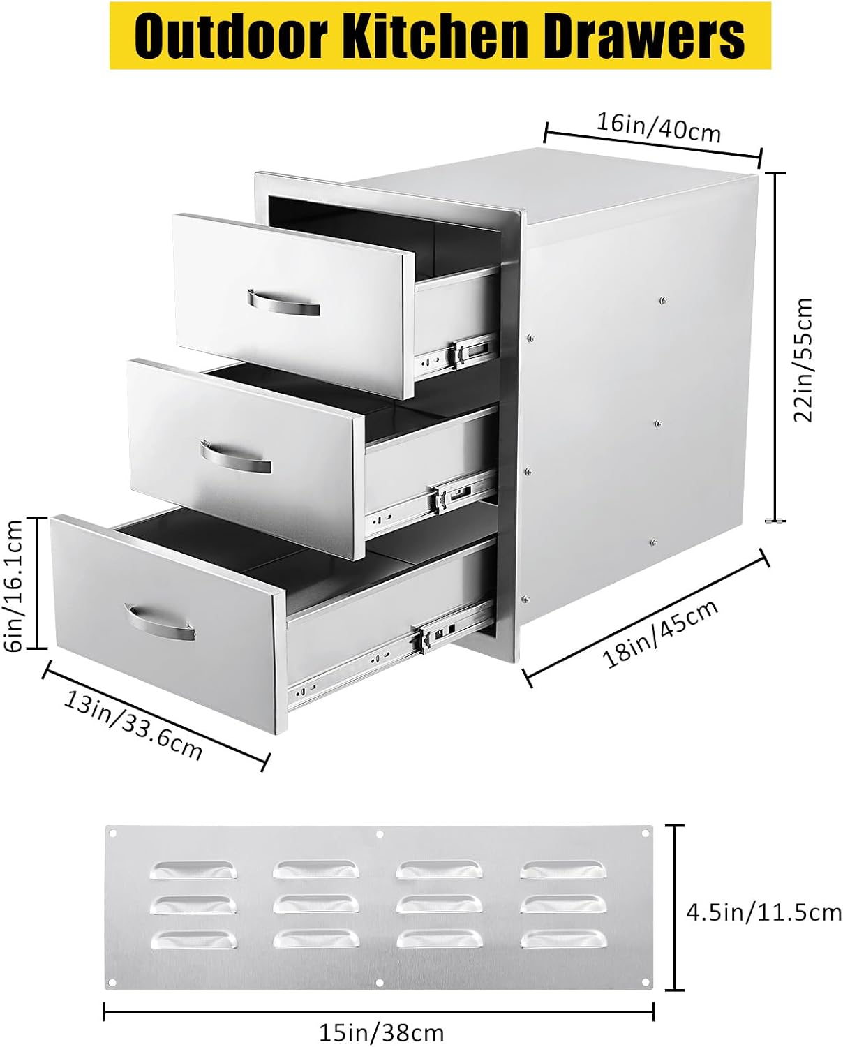 15.7W x 17.7D x 21.6H Inch Outdoor Kitchen Drawers Stainless Steel, Flush Mount Triple Drawers with Stainless Steel Handle, Venting Panel Weatherproof for Kitchen Island Patio, Grill Station
