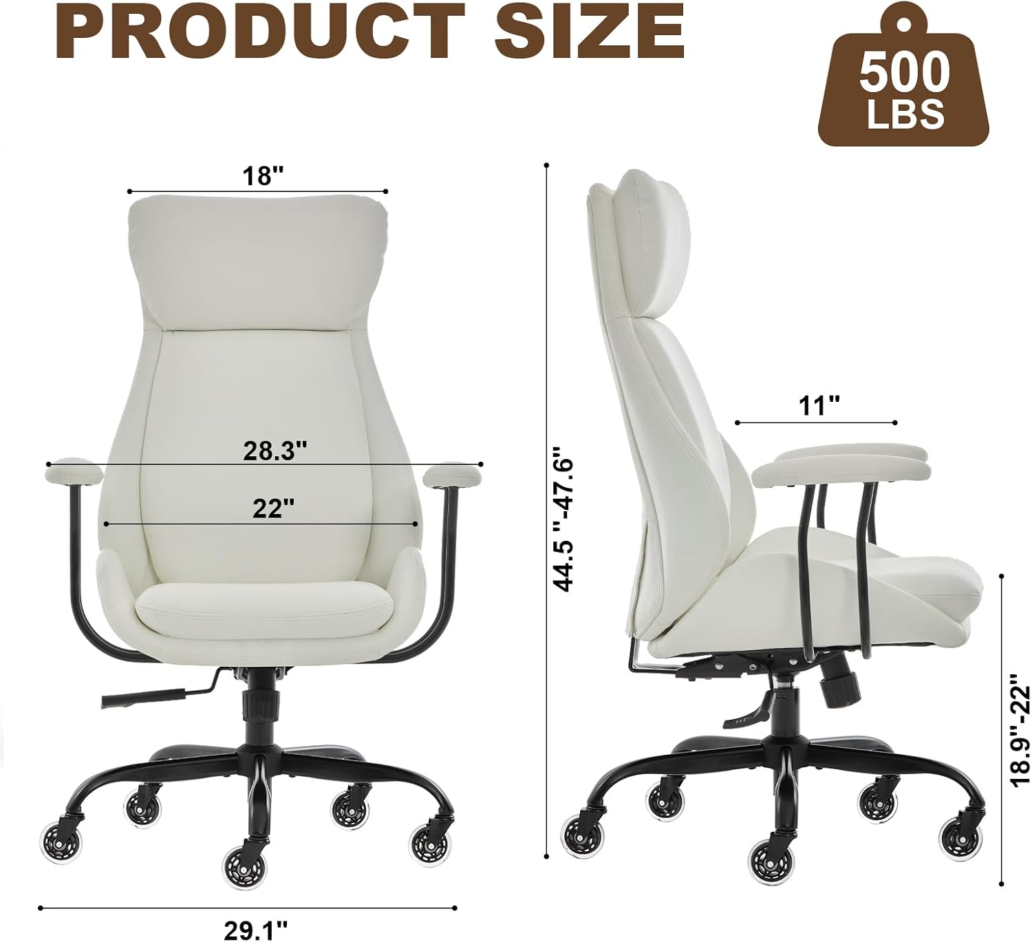 E-Motie Office Chair, Leather Desk Chair with Rubber Wheels, Ergonomic Computer Chair 500 LBS with Lumbar Support, High Back Executive Chair for Modern Home Office, White