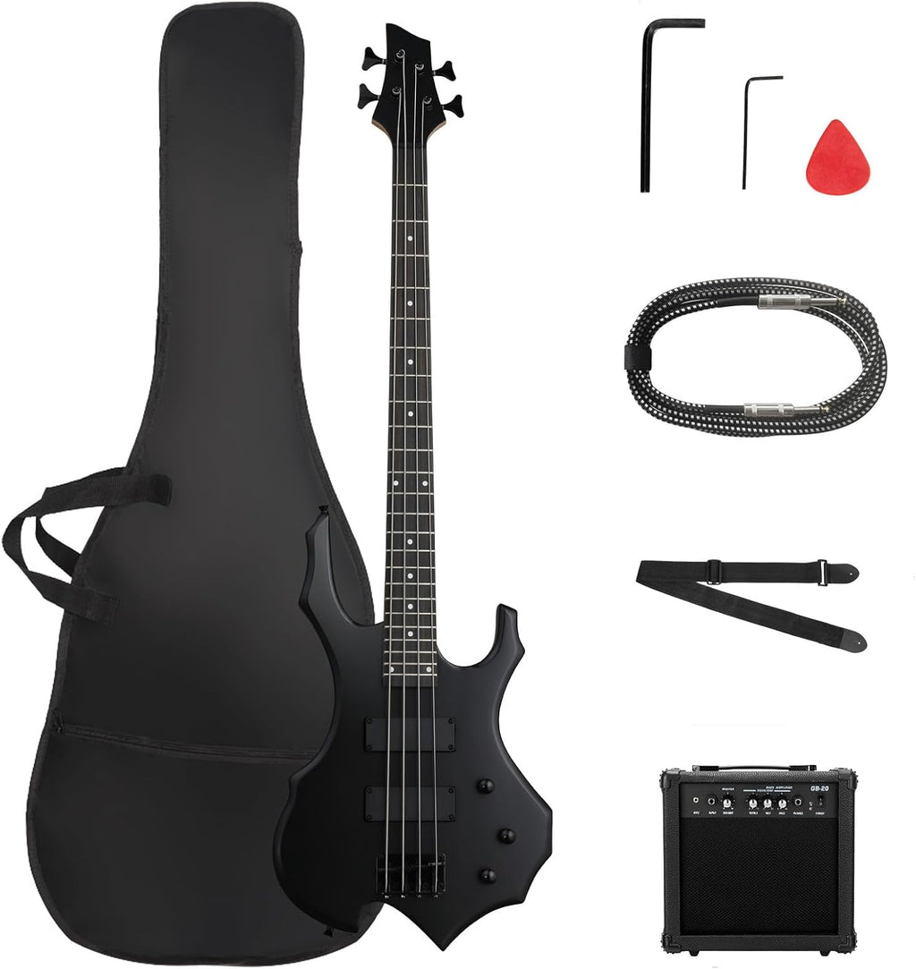 Ktaxon Electric Bass Guitar Full Size Flame Design Bass Set with 20 Watt Amplifier, Portable Bass Bag, Superior Amp Wire, Adjustable Guitar Strap, Plectrum, Wrench Tool(Matte Black)
