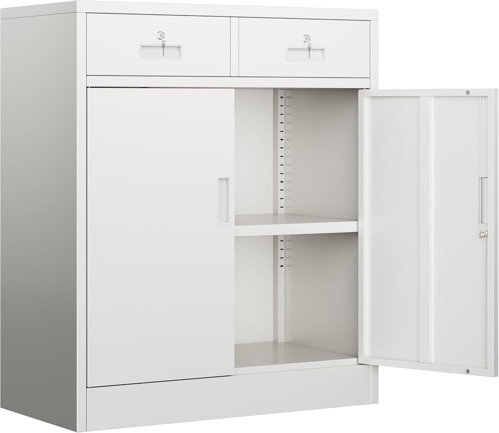 BESFUR Metal Garage Storage Cabinet with Two Lockable Drawers 2 Locking Doors and an Adjustable Shelf, 36' White Metal Short Storage Cabinet for Home Office, Garage,School,Utility Room